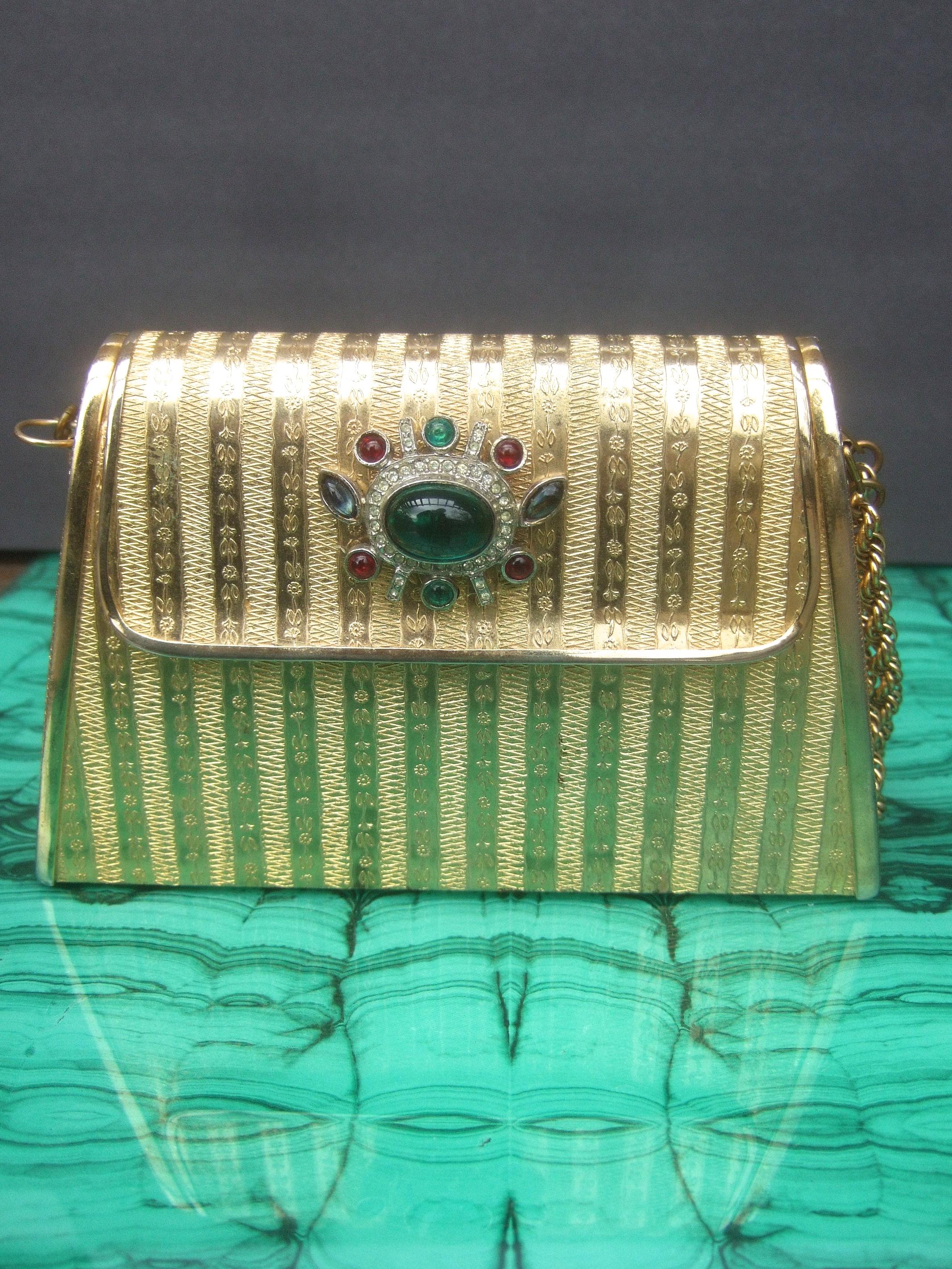 Italian Gilt Metal Jeweled Glass Medallion Minaudière c 1970s 7