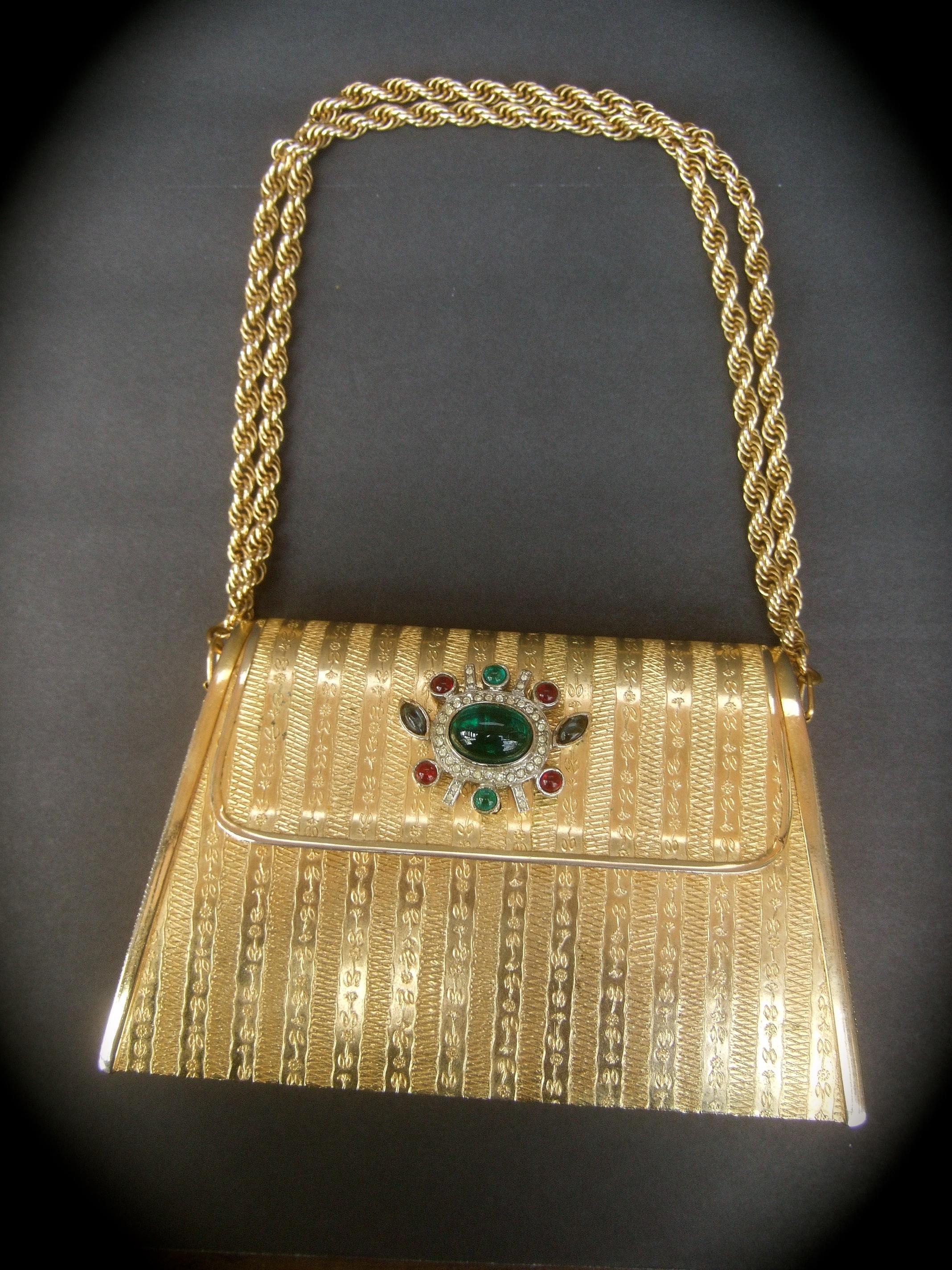 Italian Gilt Metal Jeweled Glass Medallion Minaudière c 1970s 9