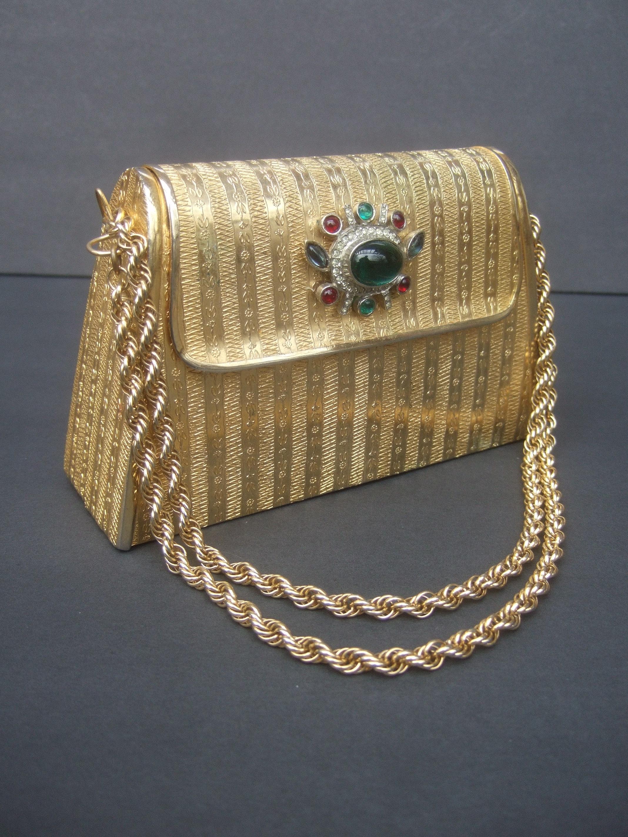 Italian Gilt Metal Jeweled Glass Medallion Minaudière c 1970s 10