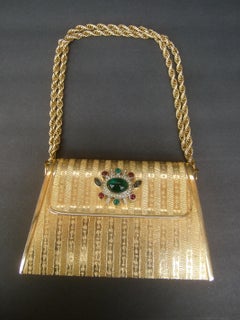 Italian Gilt Metal Jeweled Glass Medallion Minaudière c 1970s