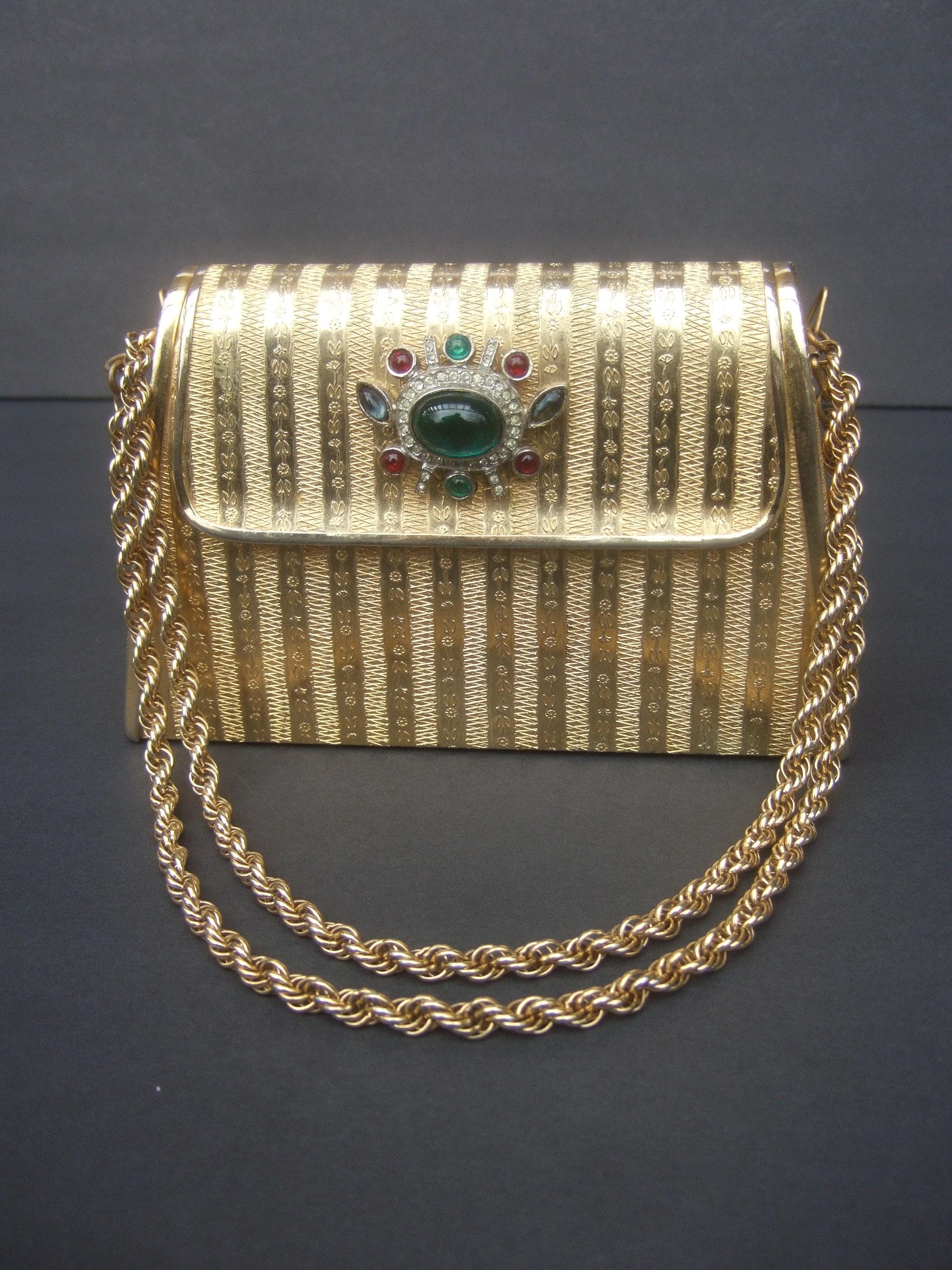 Brown Italian Gilt Metal Jeweled Glass Medallion Minaudière c 1970s