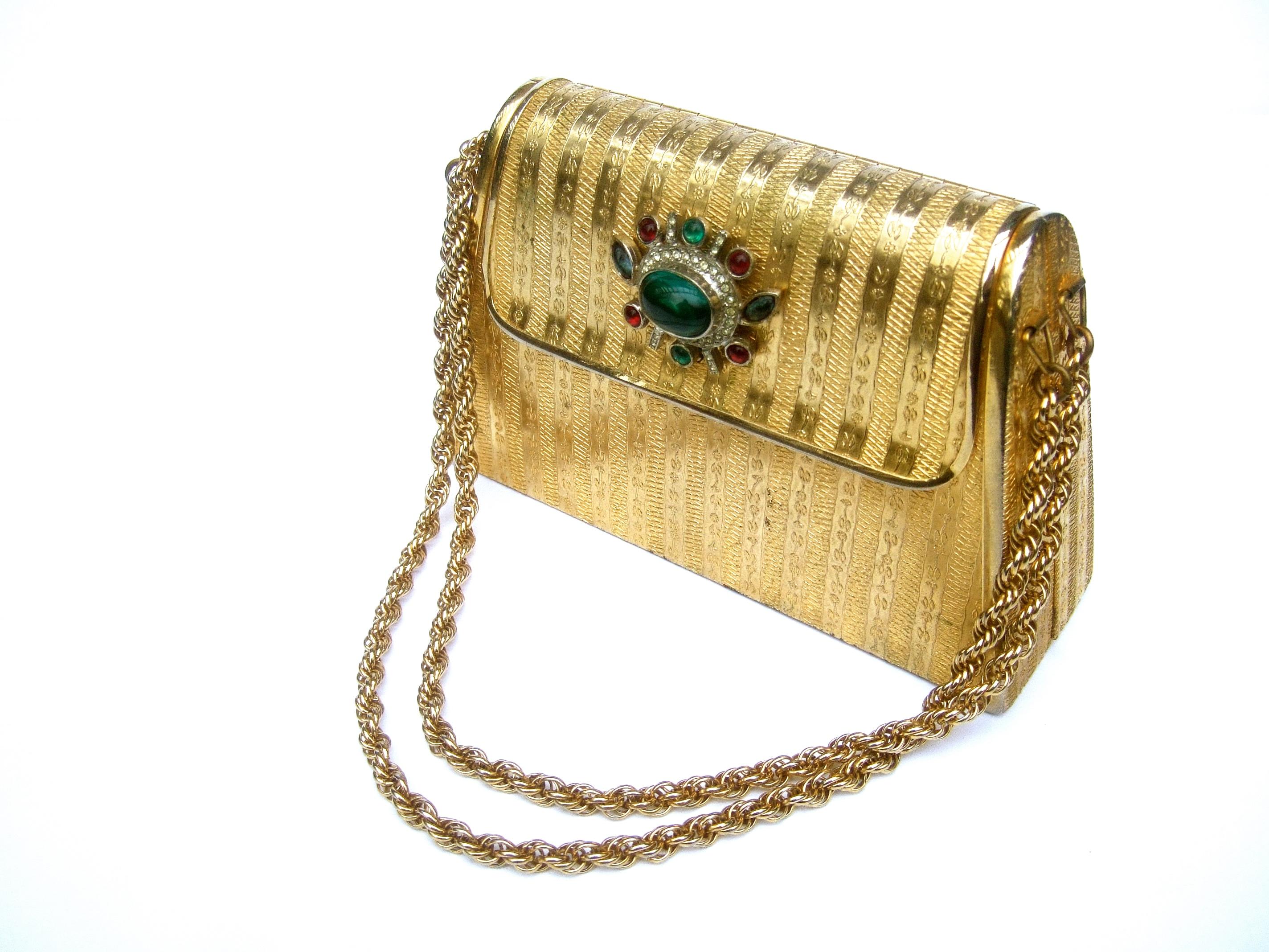 Italian Gilt Metal Jeweled Glass Medallion Minaudière c 1970s 1