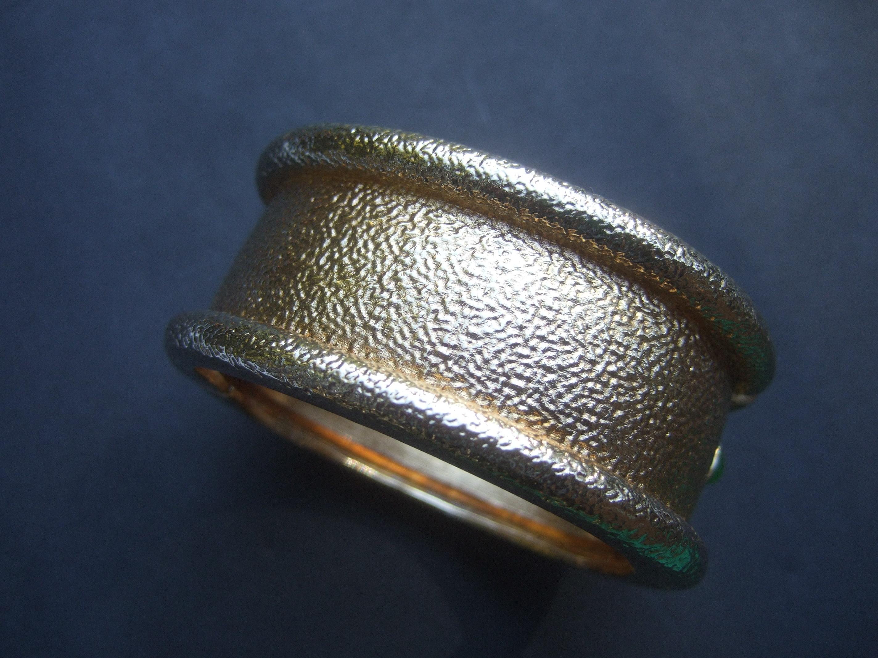 Italian Gilt Metal Jeweled Poured Glass Wide Hinged Cuff Bracelet c 1980s For Sale 13