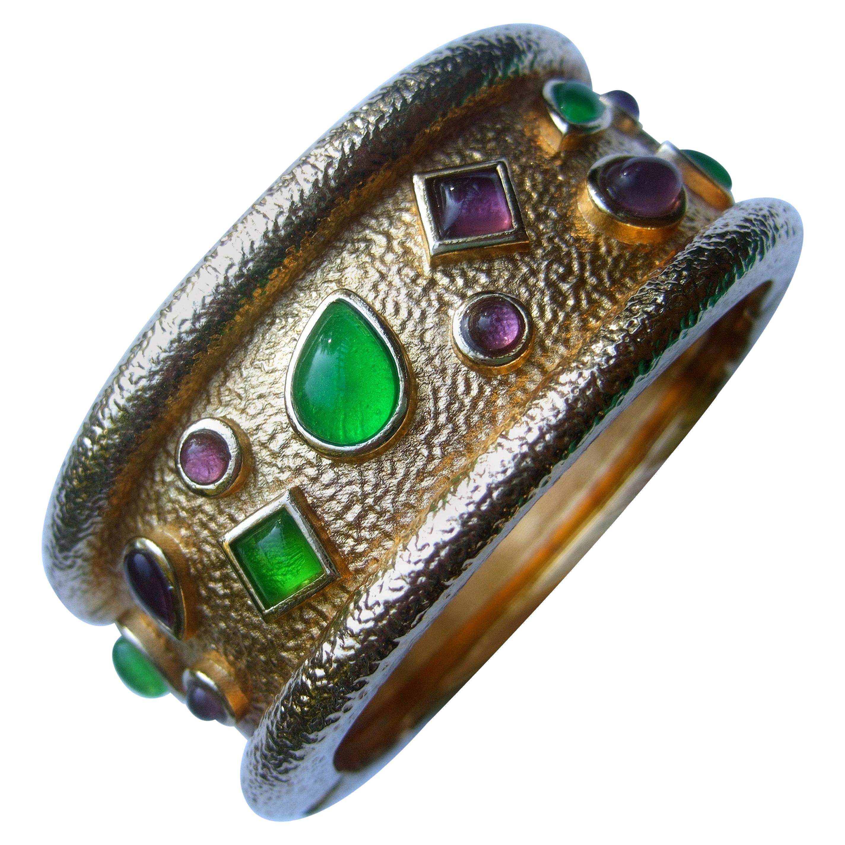 Italian Gilt Metal Jeweled Poured Glass Wide Hinged Cuff Bracelet c 1980s For Sale
