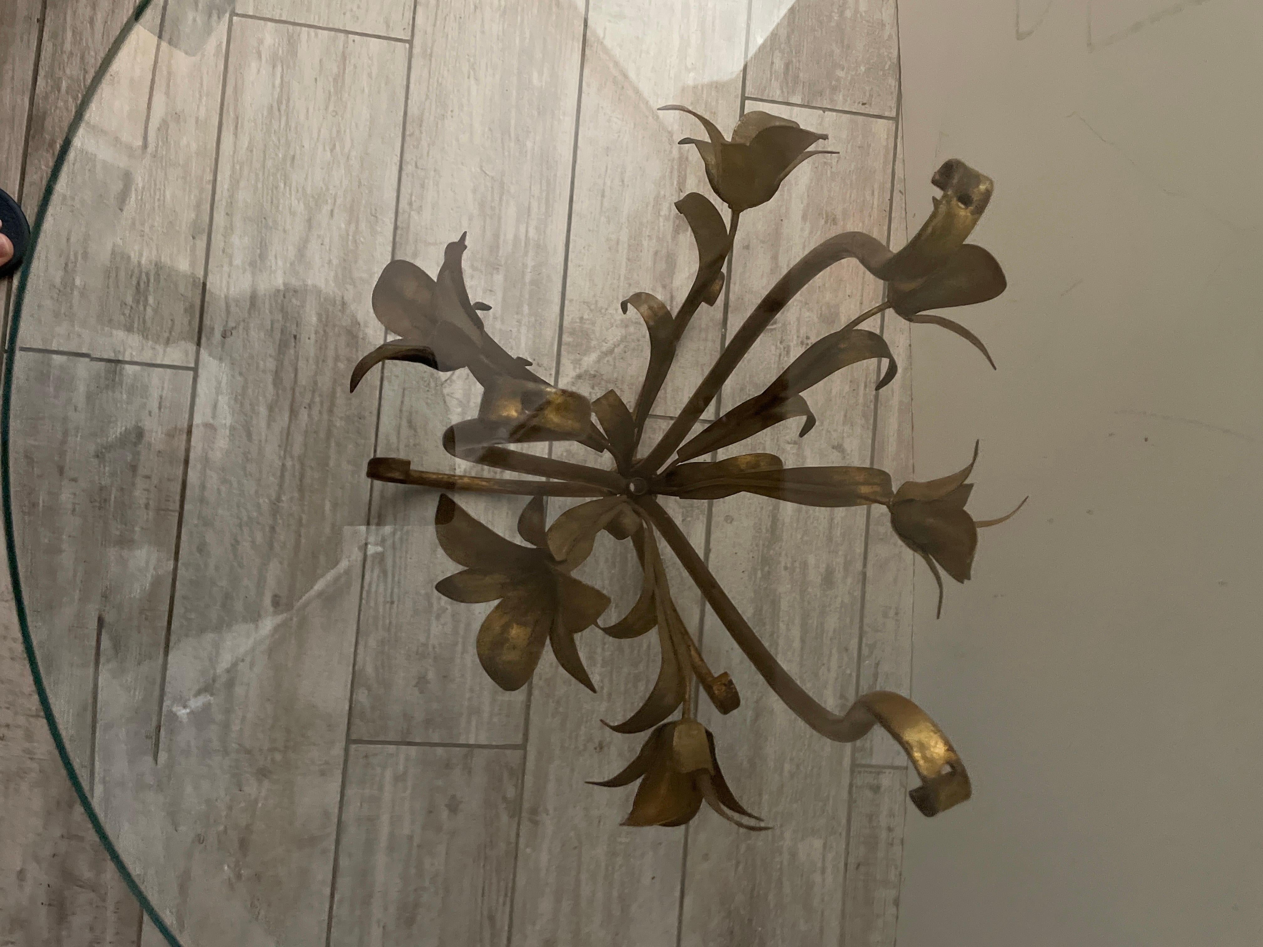 Glass Italian Gilt Metal Lily Side Table For Sale