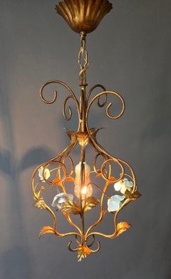 Italian Gilt Metal Pendant with Porcelain Roses, 1950s