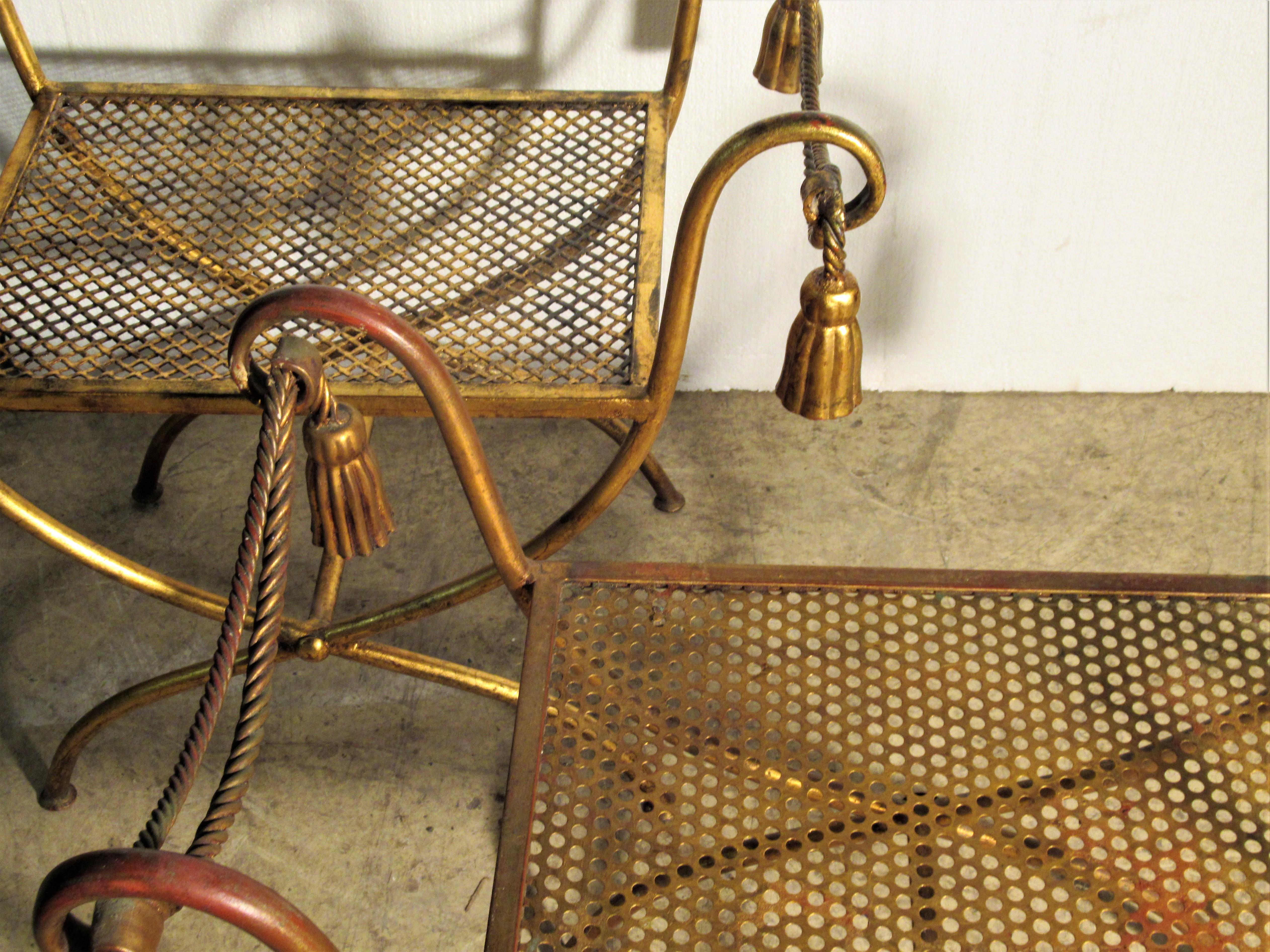 Hollywood Regency Italian Gilt Metal Rope and Tassel Benches