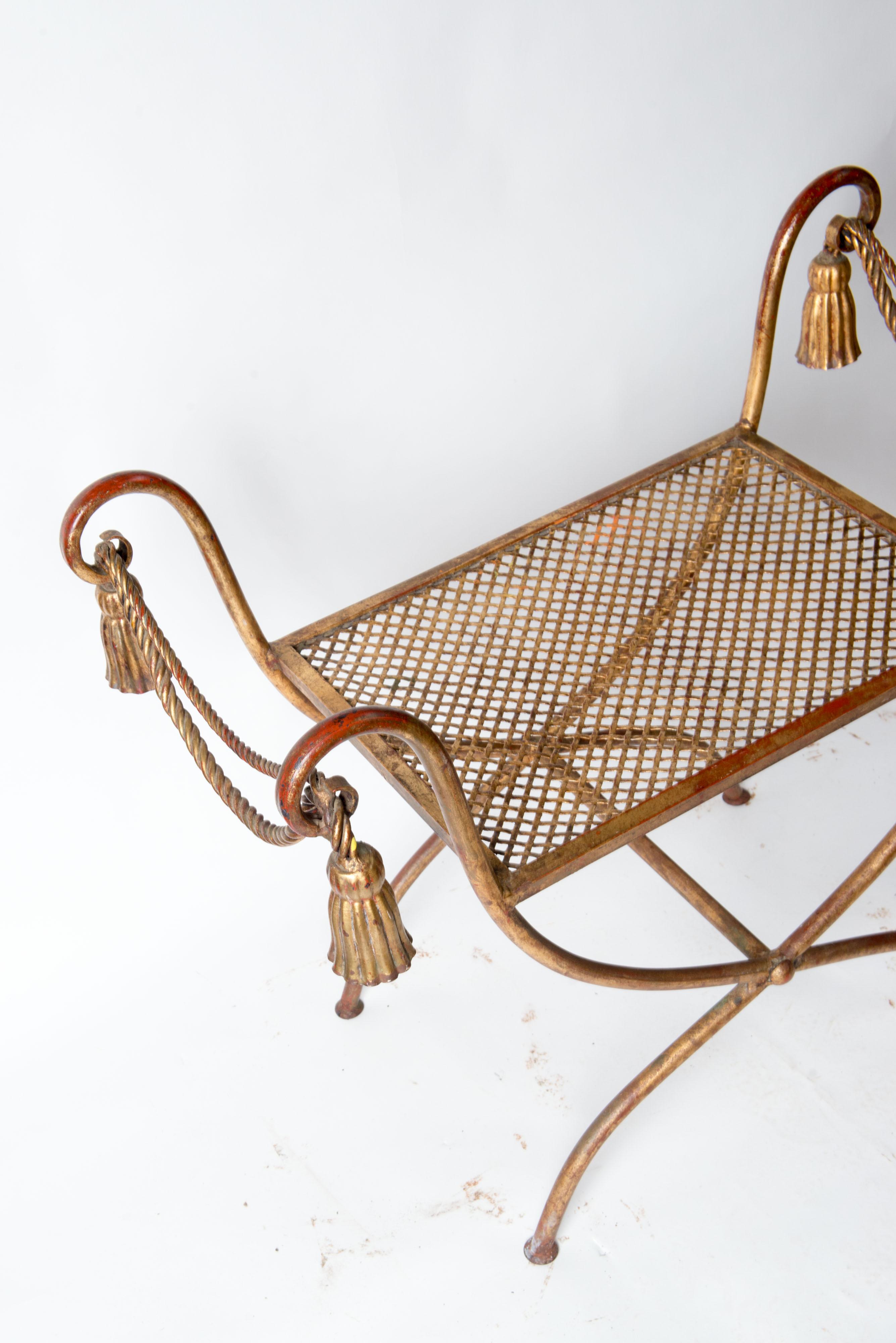 Italian Gilt Metal Rope & Tassel Bench In Good Condition For Sale In Stamford, CT