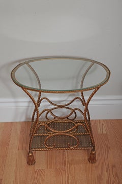 Italian Gilt Metal Rope and Tassel Magazine Holder Table, Circa 1950s