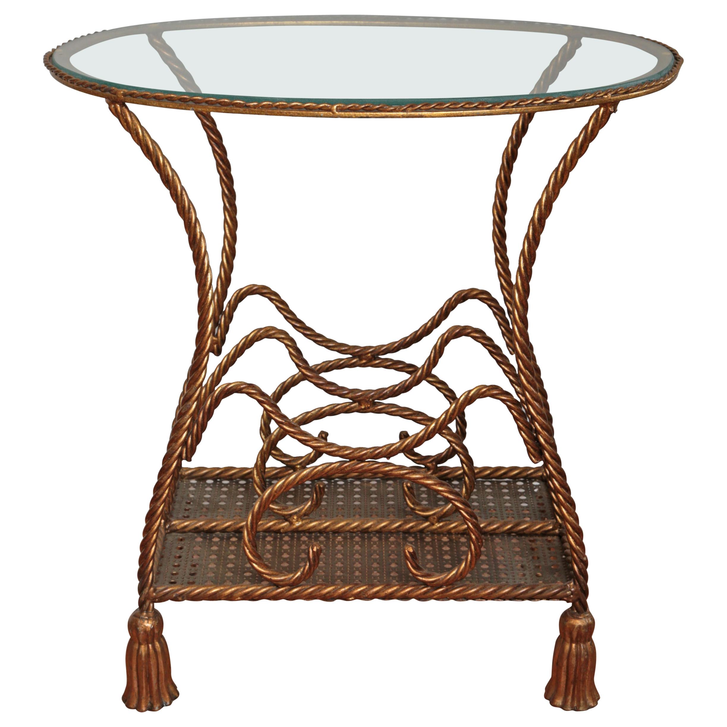 Italian Gilt Metal Rope and Tassel Magazine Holder Table For Sale