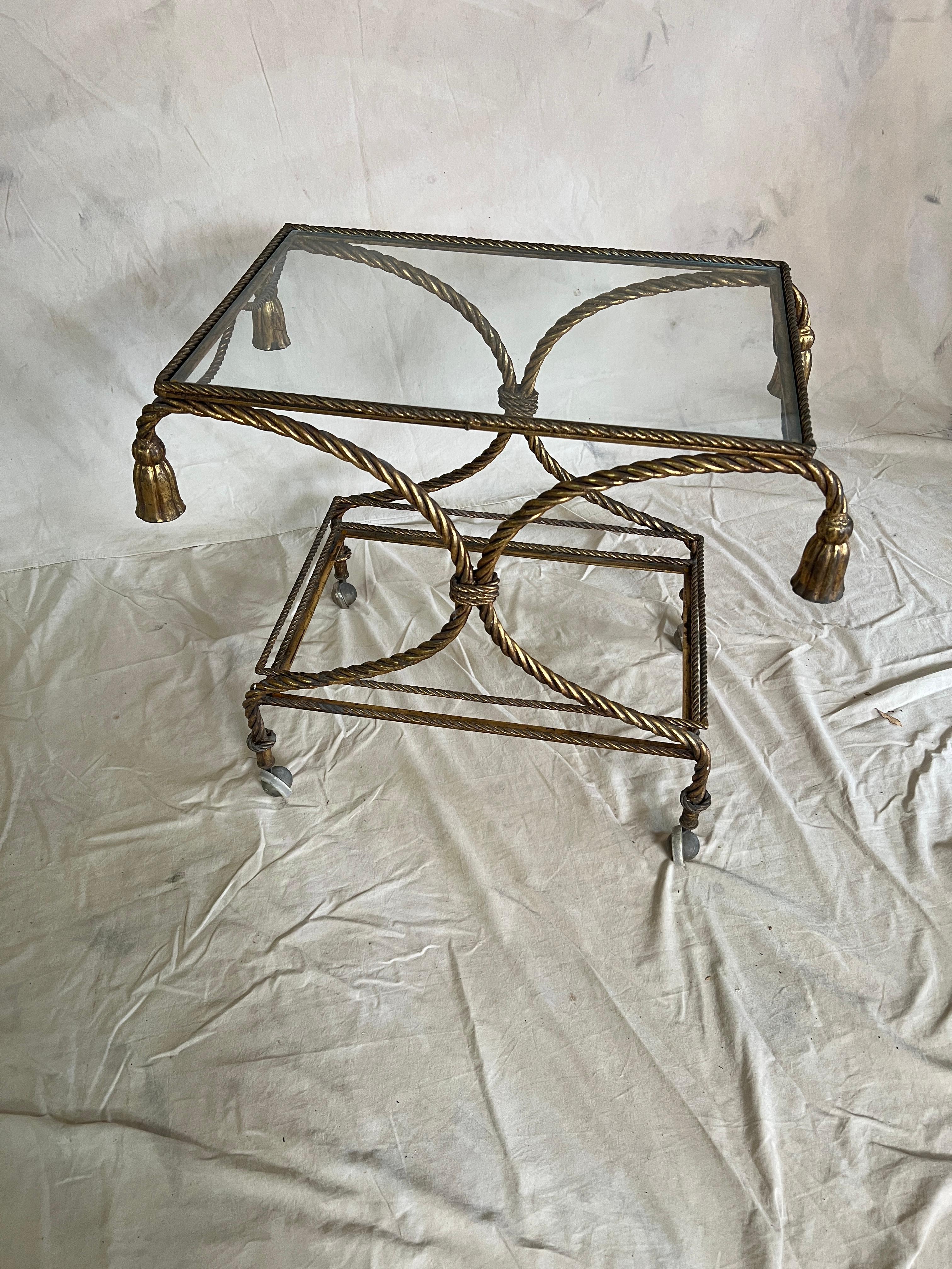 Hollywood Regency Italian Gilt Metal Rope Two Tier Cart with Tassels For Sale