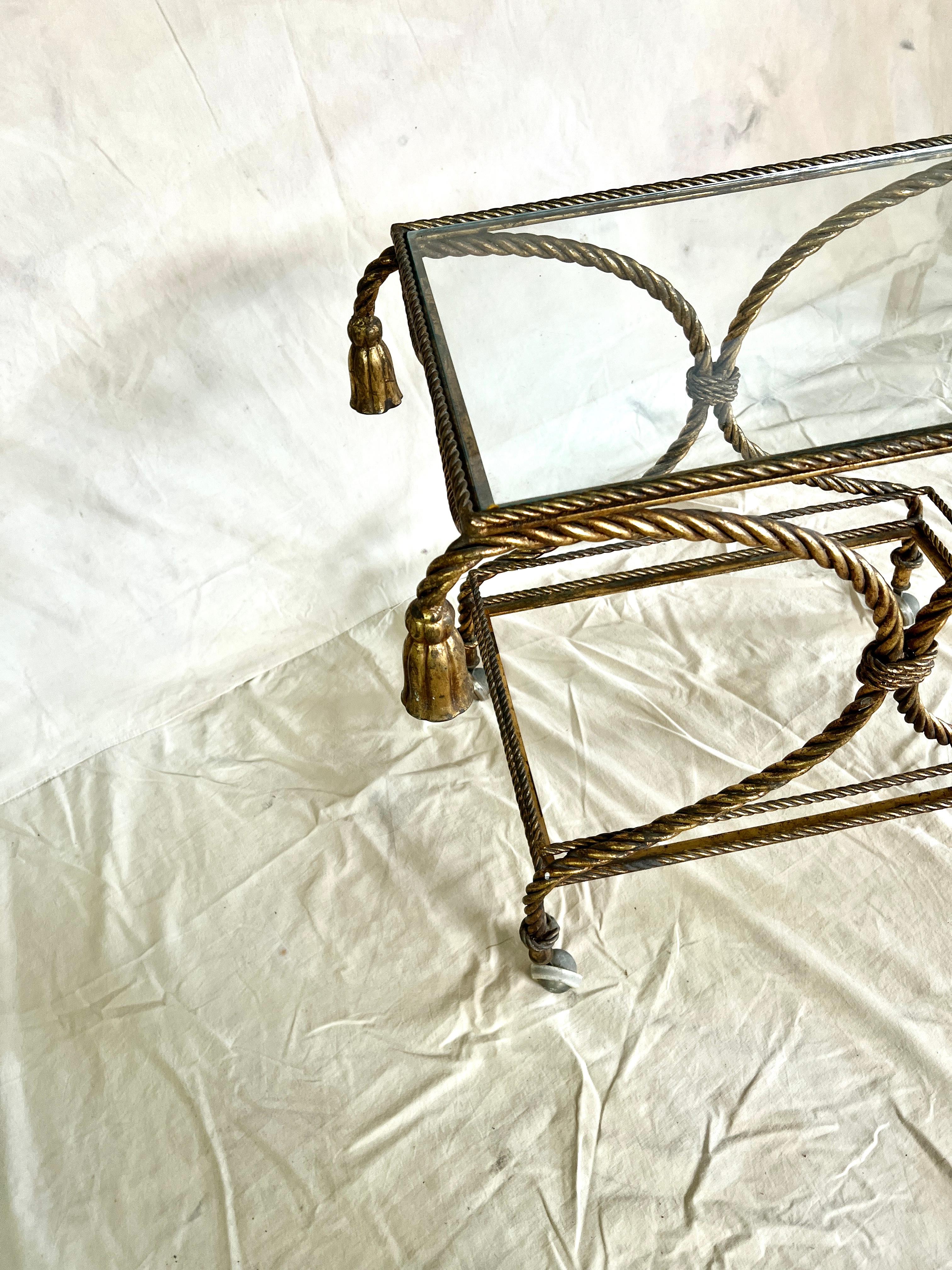 Italian Gilt Metal Rope Two Tier Cart with Tassels In Good Condition For Sale In Los Angeles, CA