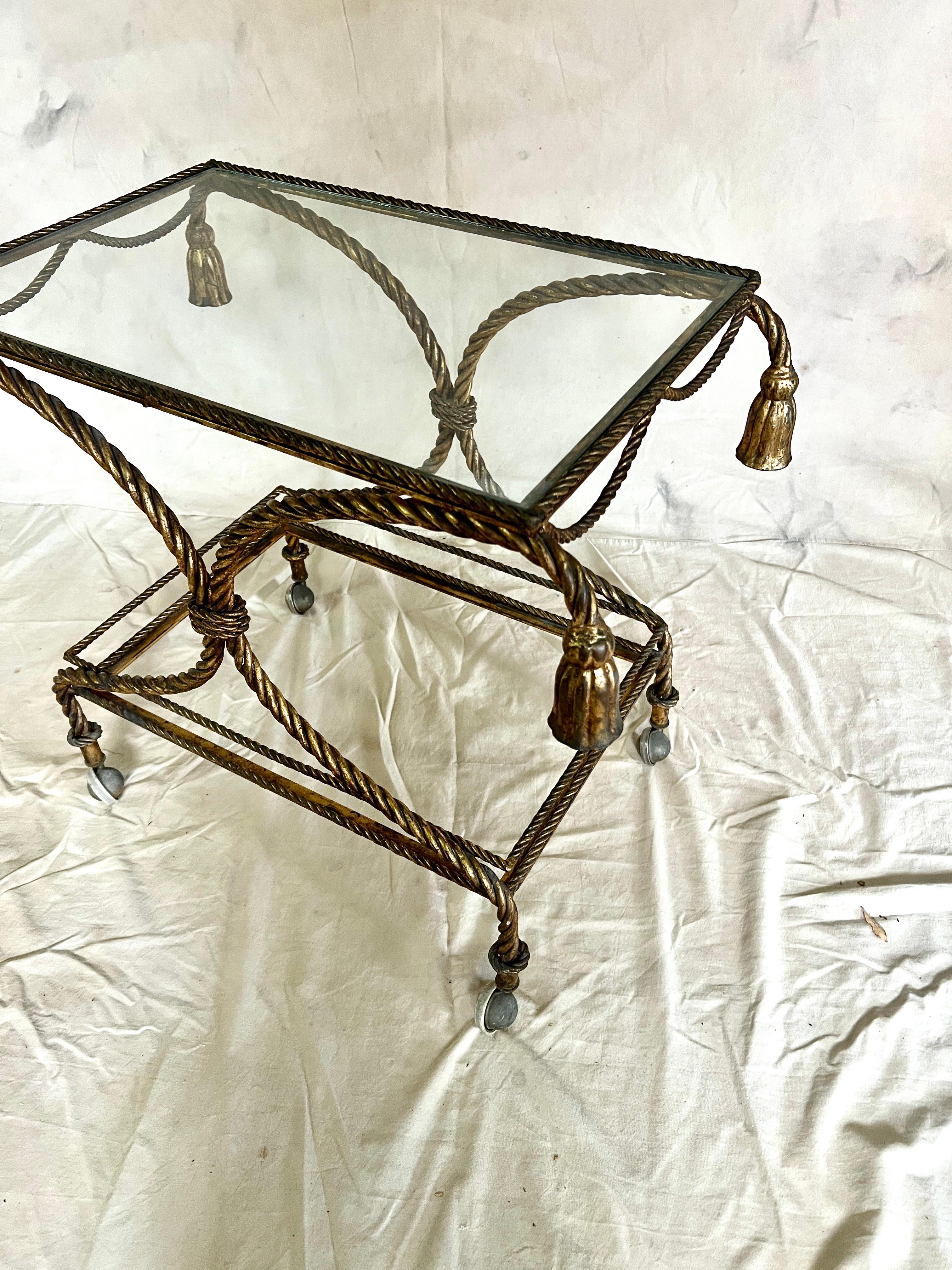 20th Century Italian Gilt Metal Rope Two Tier Cart with Tassels For Sale