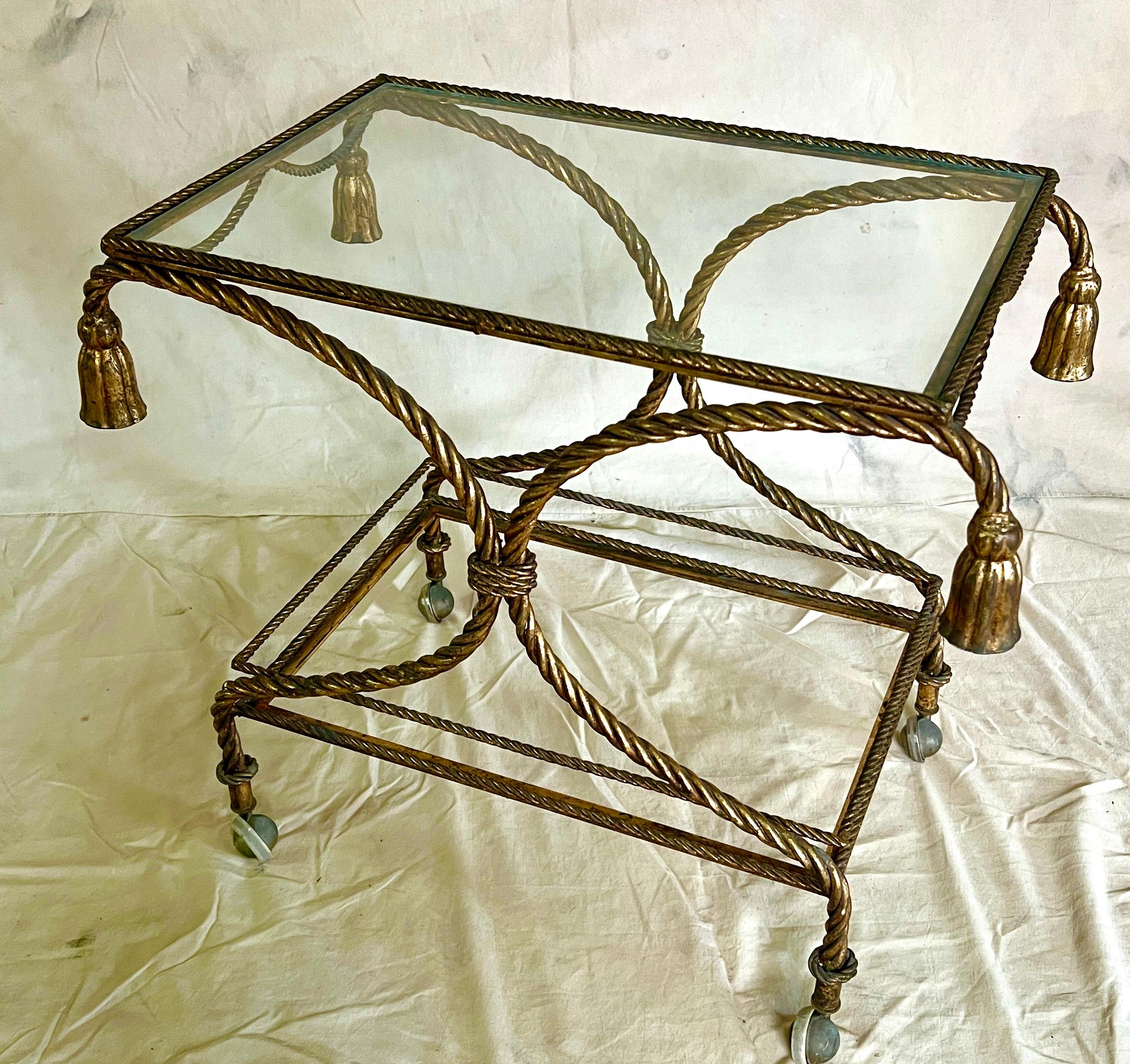 Italian Gilt Metal Rope Two Tier Cart with Tassels For Sale 1