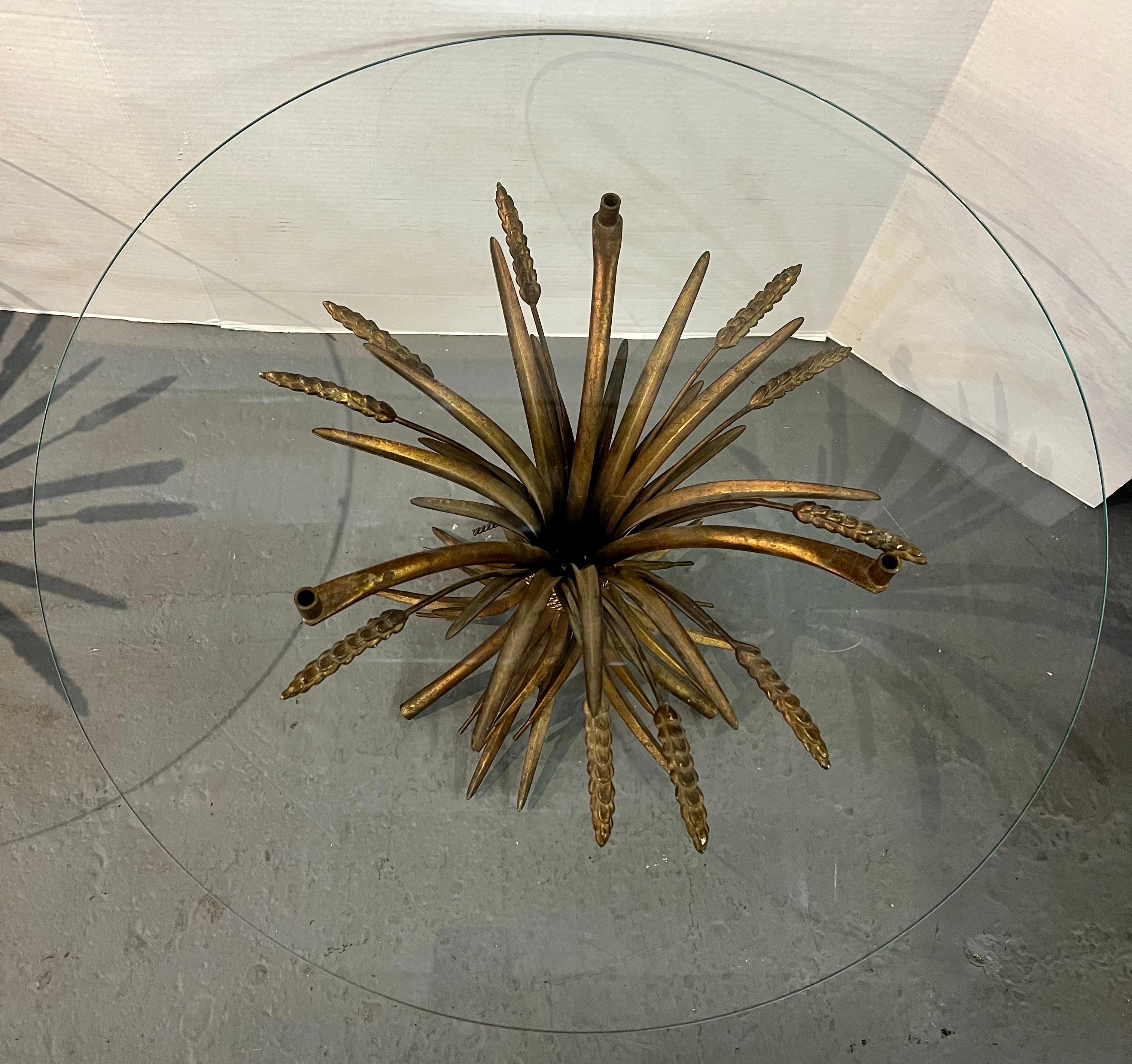 Hollywood Regency Italian Gilt Metal Sheaf of Wheat Glass Top Tables, a Pair