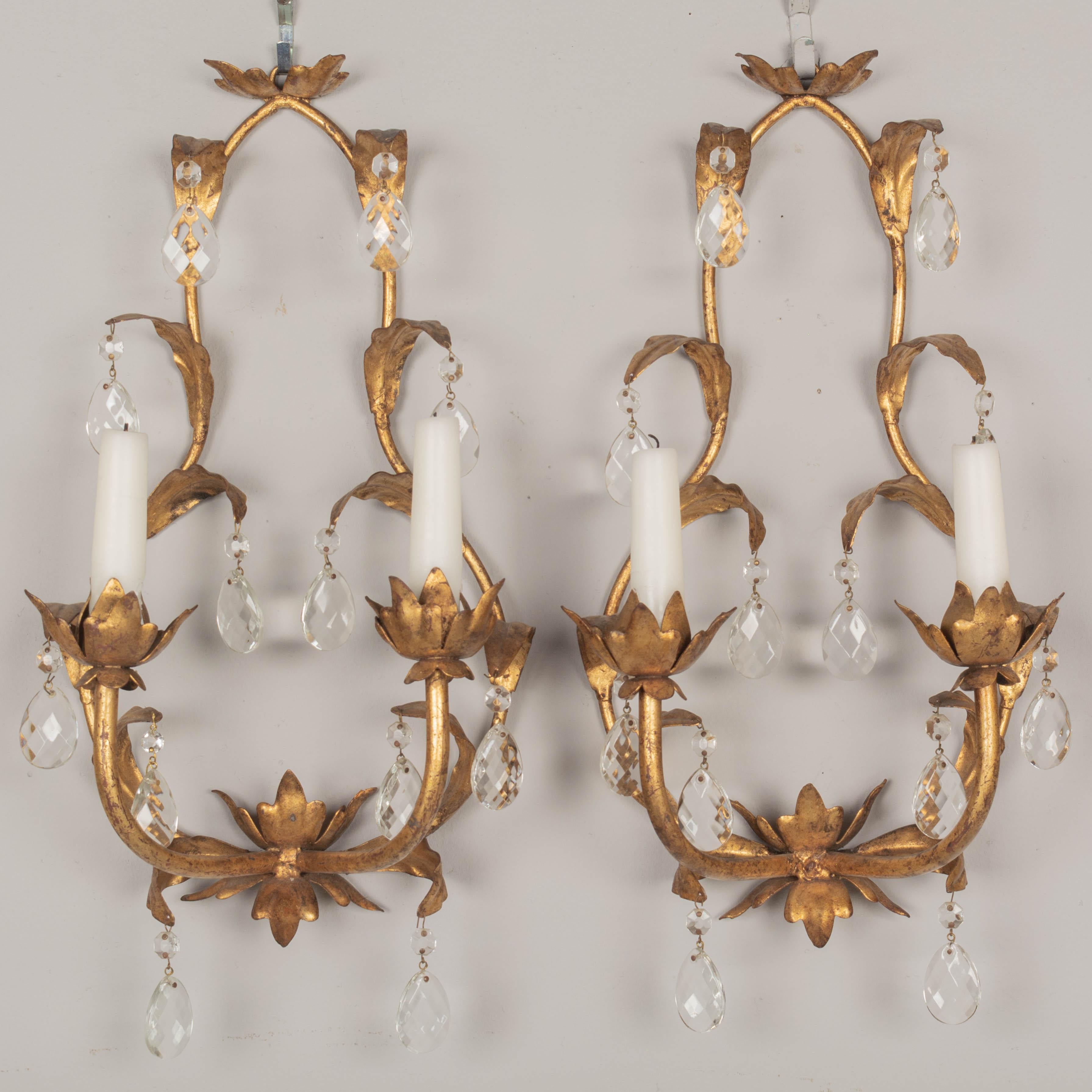 Italian Gilt Metal Tôle Crystal Sconces Pair For Sale at 1stDibs