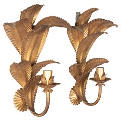 Italian Gilt Metal Tôle Palm Frond Sconces Pair