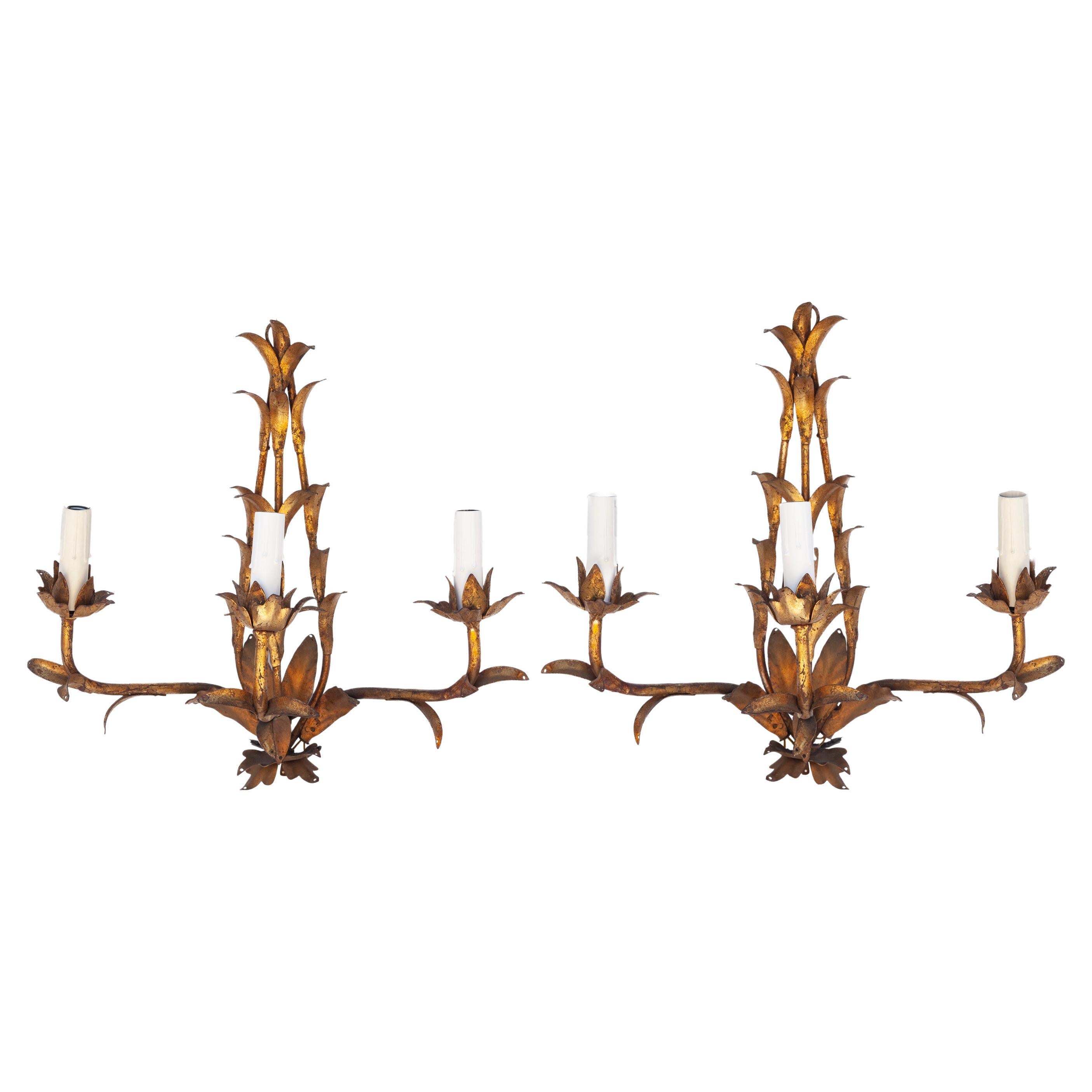 Italian Gilt Metal Wall Sconces /Three Lights.