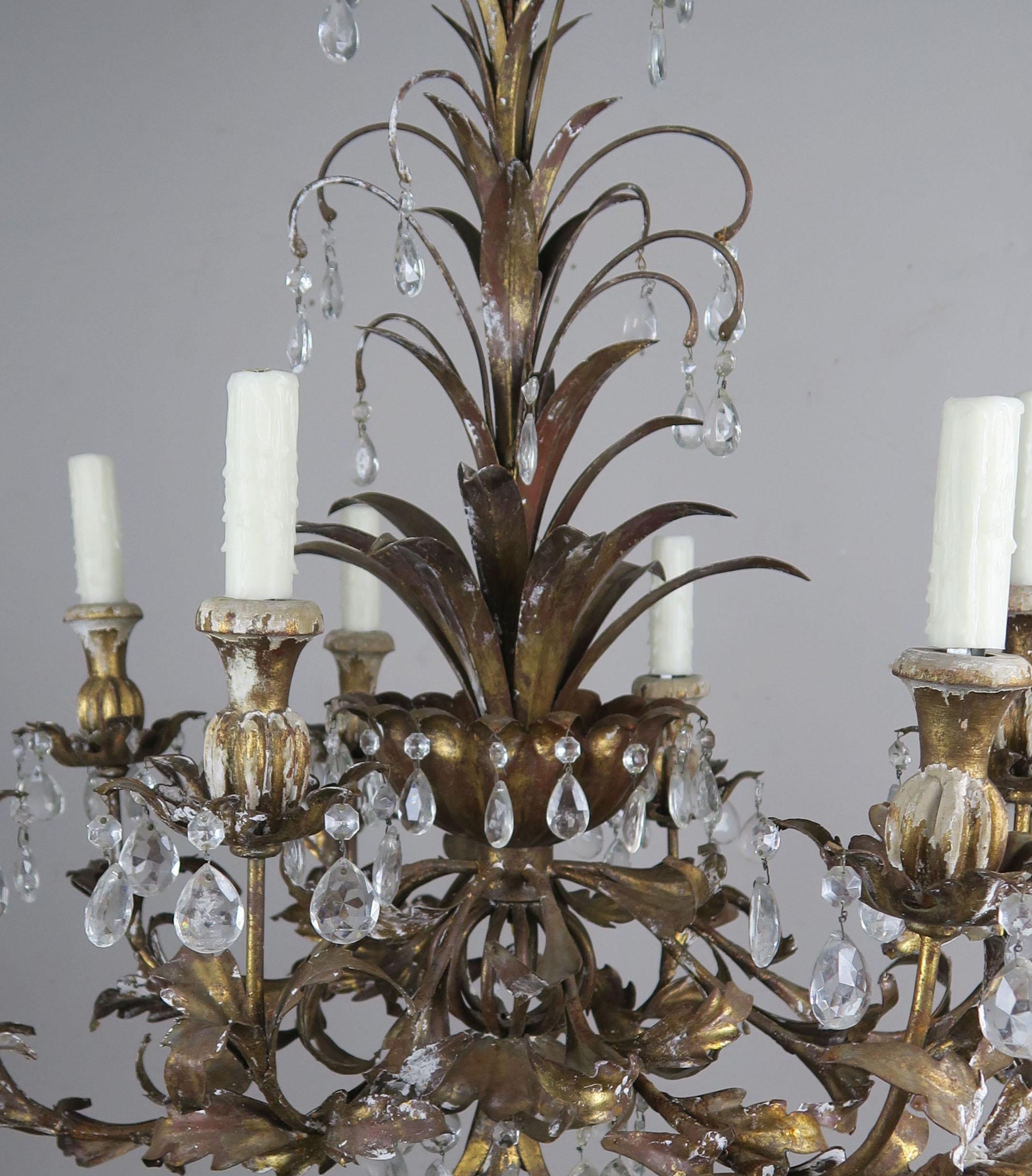Italian Gilt Metal and Wood Chandelier, circa 1930s In Distressed Condition In Los Angeles, CA