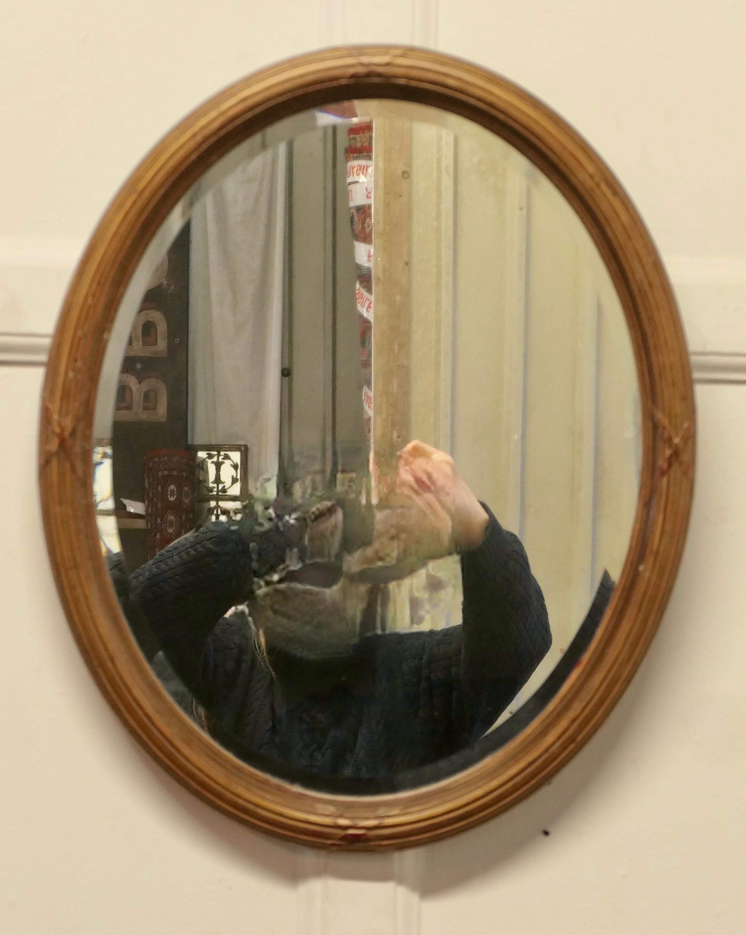 Italian Gilt Oval Mirror

This Mirror has a 1.5” wide moulded oval frame, this has a good dark gilt finish
The Oval frame is in attractive condition as is the original bevelled looking glass
The mirror is 18” wide and 22” tall 
FB23