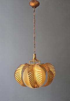 Italian Gilt Palm Leaf Pendant Lamp with Opaline Glass, Circa 1970