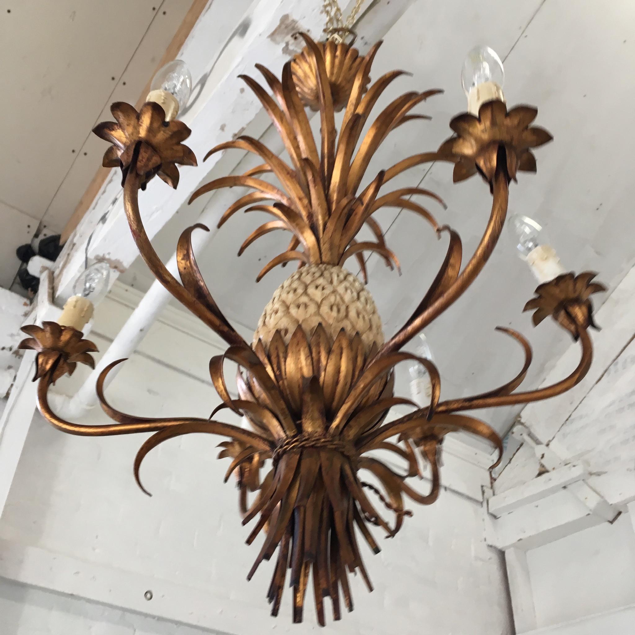 Italian Gilt Pineapple Tole Chandelier, circa 1950s 2