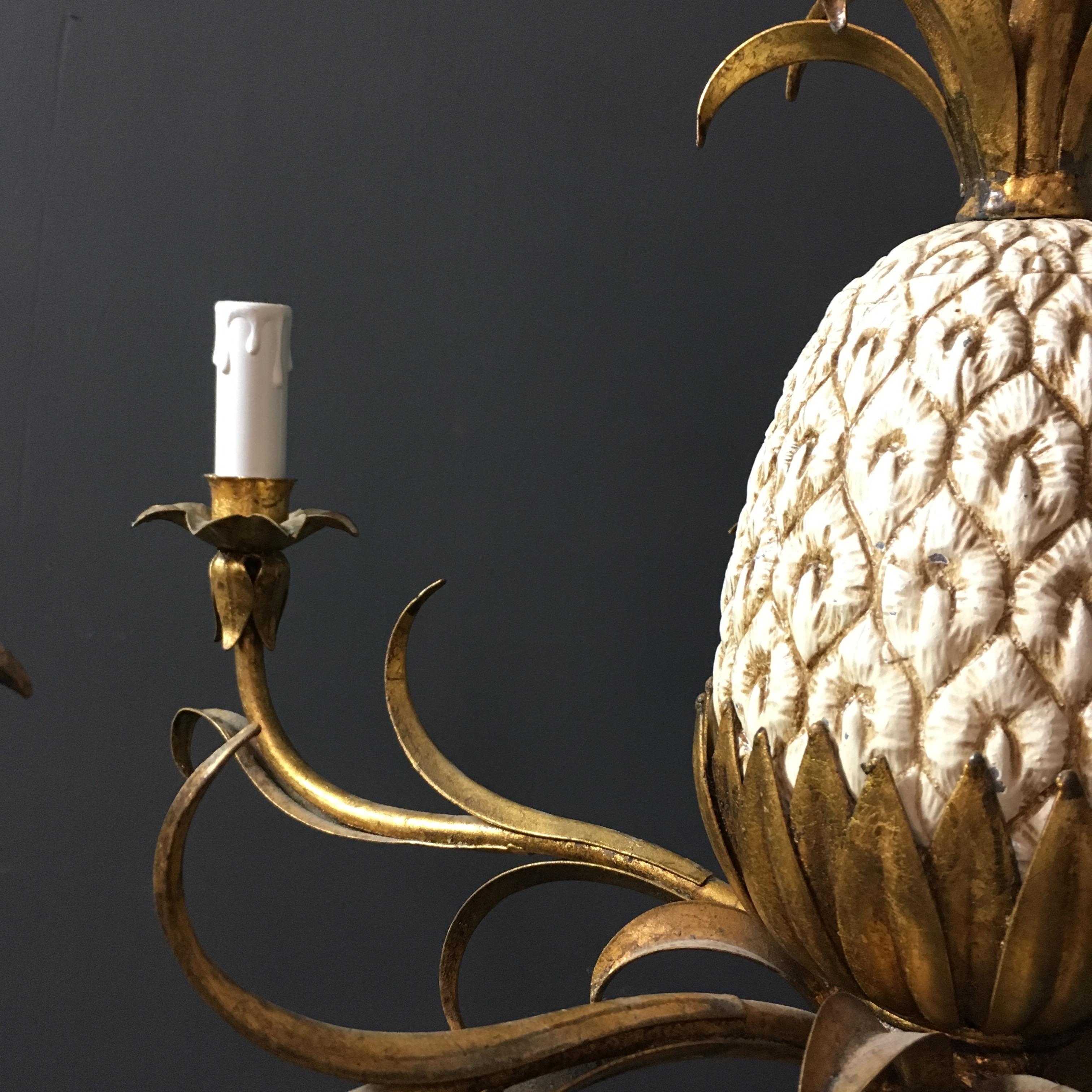 Hand-Crafted Italian Gilt Pineapple Tole Chandelier, circa 1950s