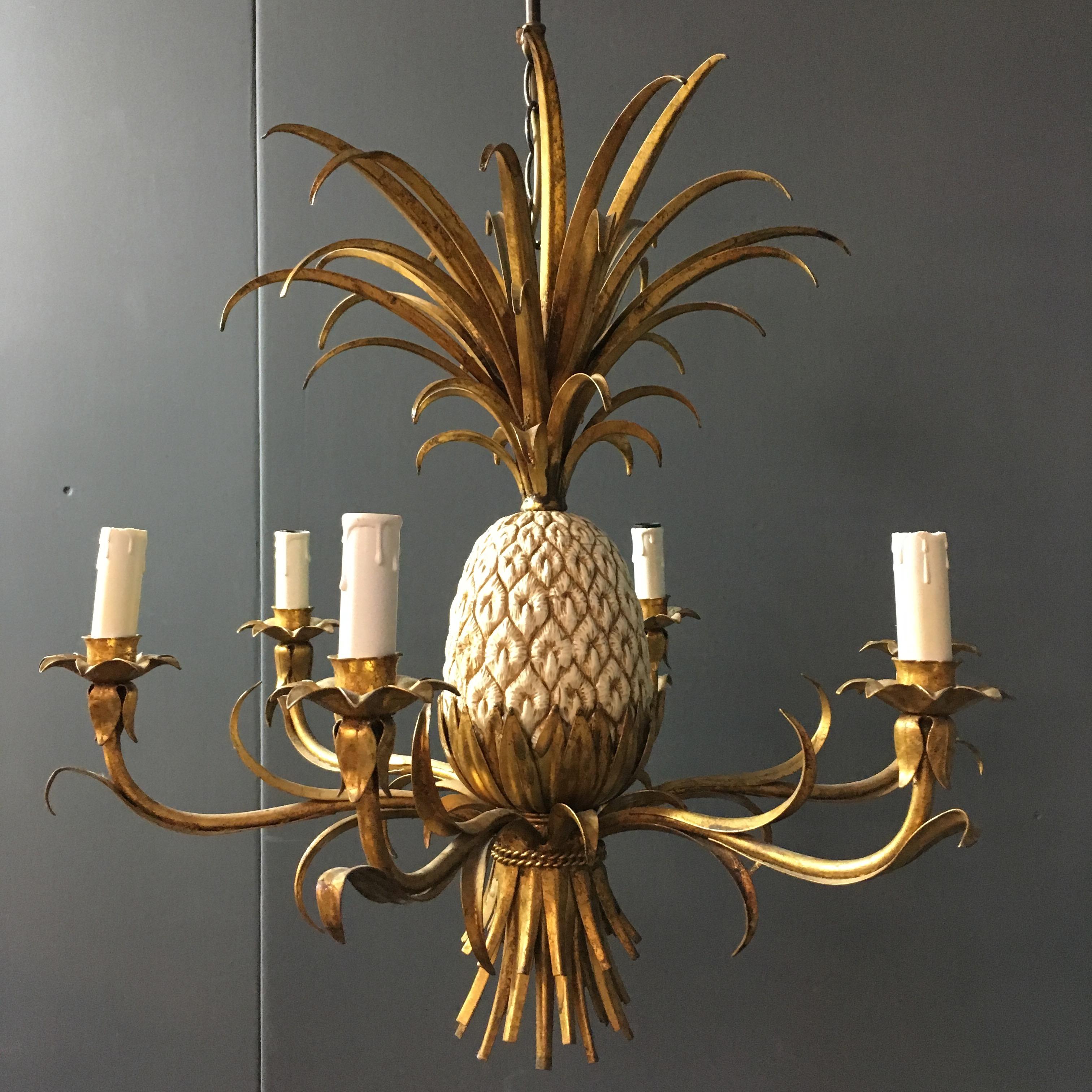 20th Century Italian Gilt Pineapple Tole Chandelier, circa 1950s