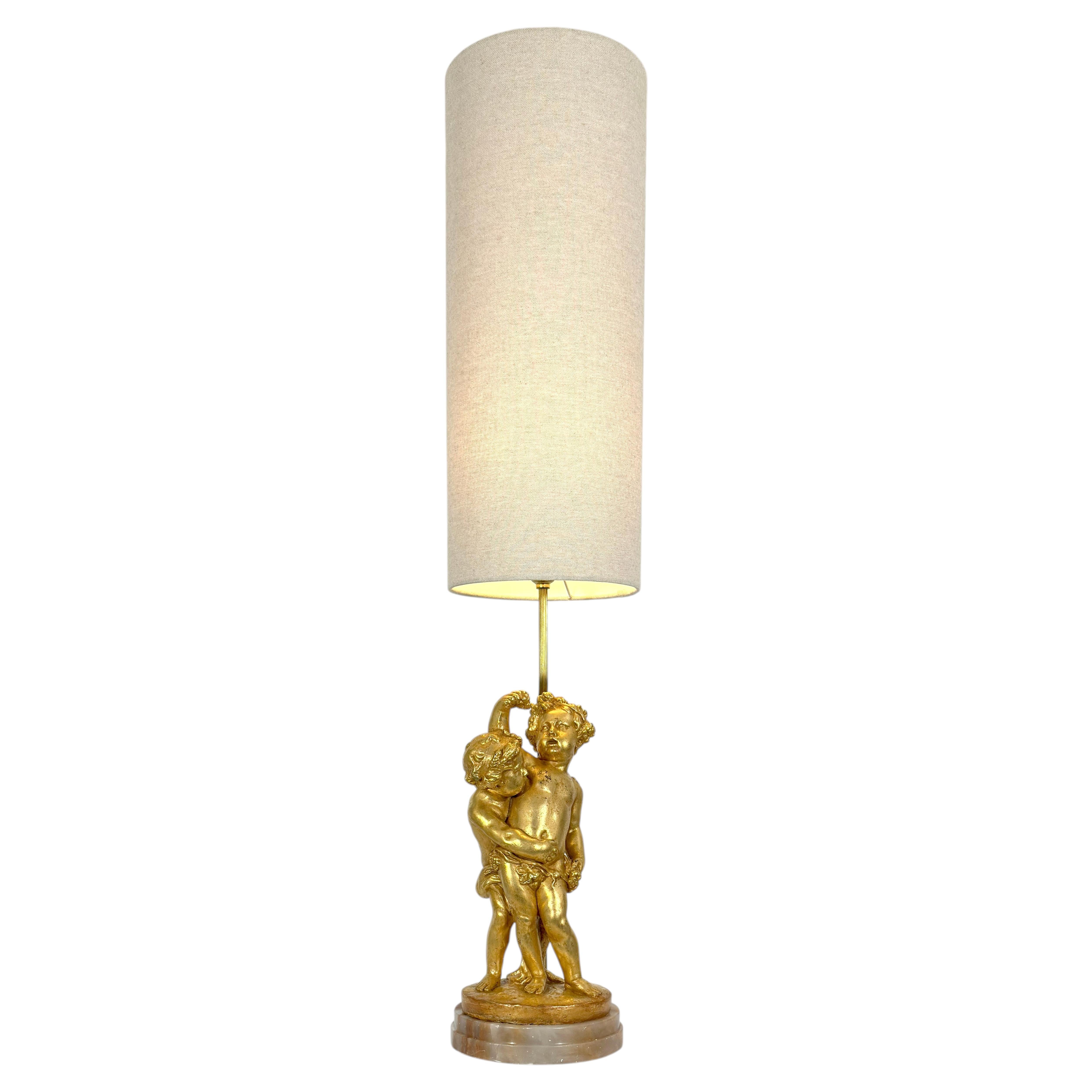 Italian Gilt Putti Table Lamp, Pink Onyx Base, Rococo Style, 1950s