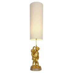 Italian Gilt Putti Table Lamp, Pink Onyx Base, Rococo Style, 1950s
