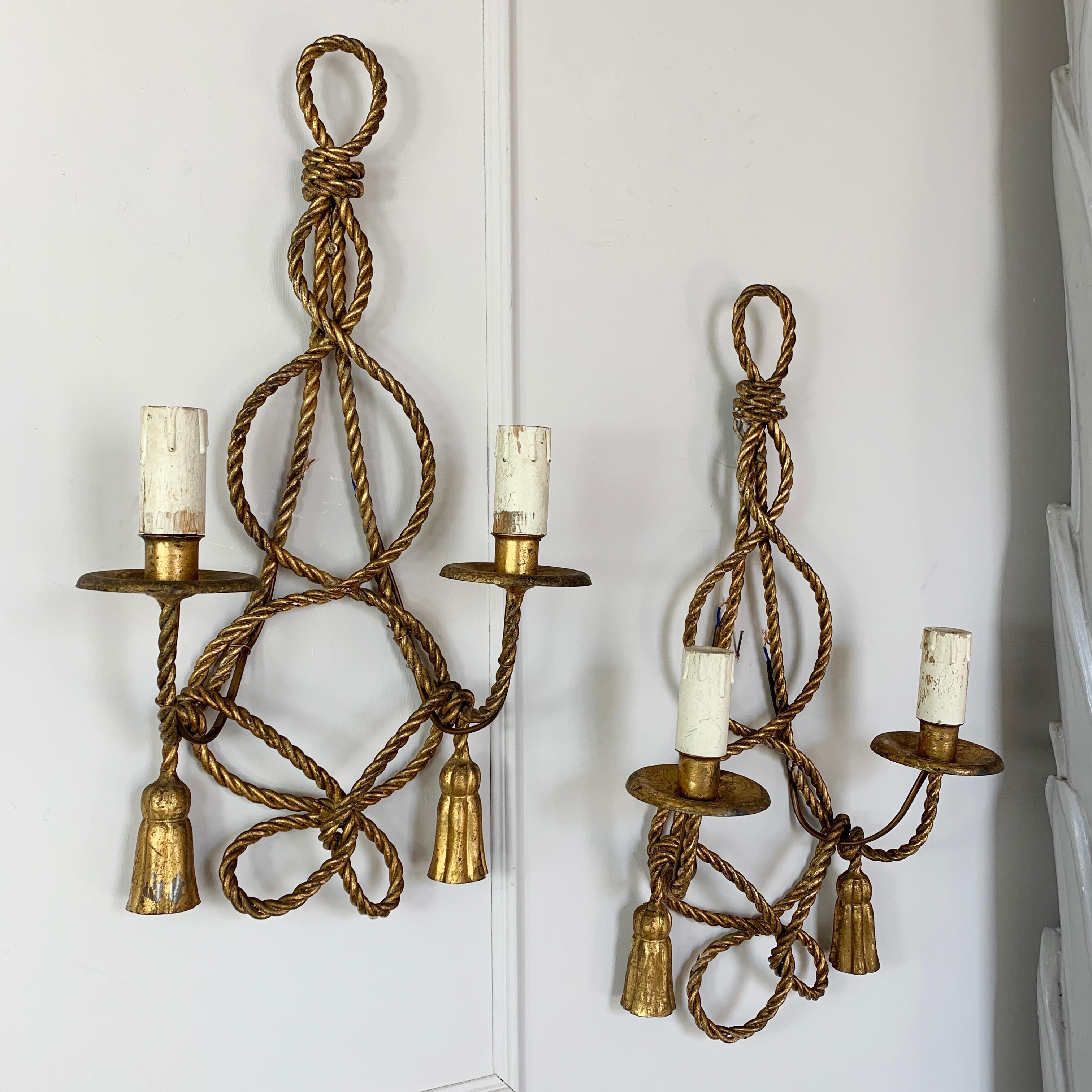 Mid-Century Modern Italian Gold Rope and Tassel Wall Lights, circa 1950s