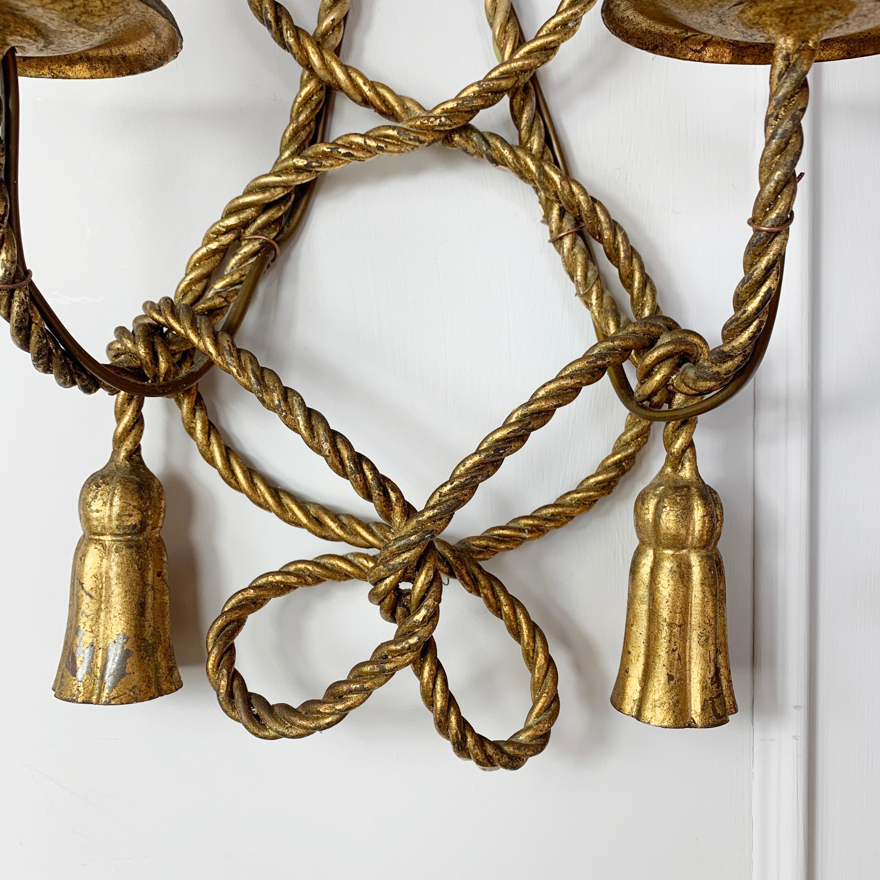 Italian Gold Rope and Tassel Wall Lights, circa 1950s In Good Condition In Hastings, GB