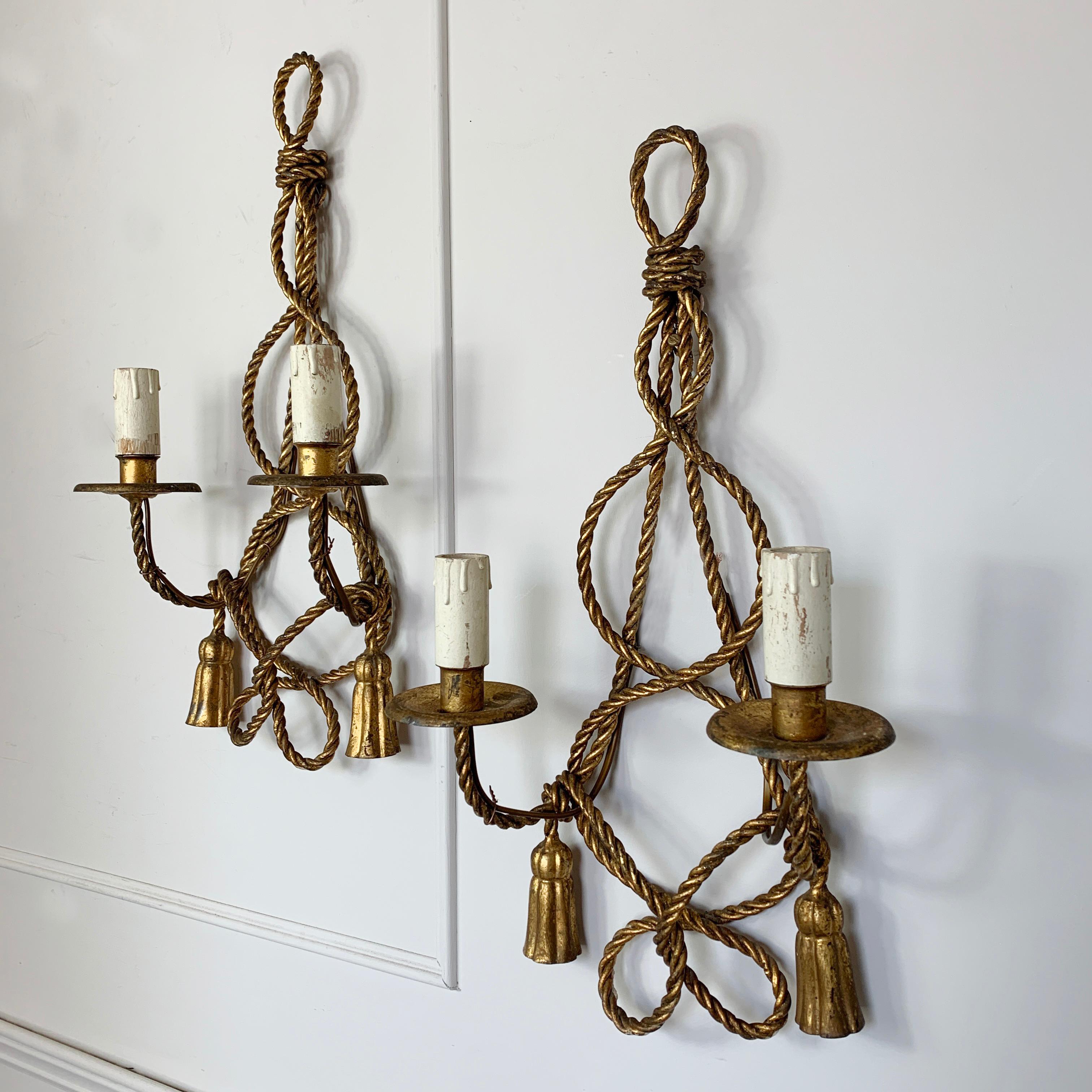 Metal Italian Gold Rope and Tassel Wall Lights, circa 1950s