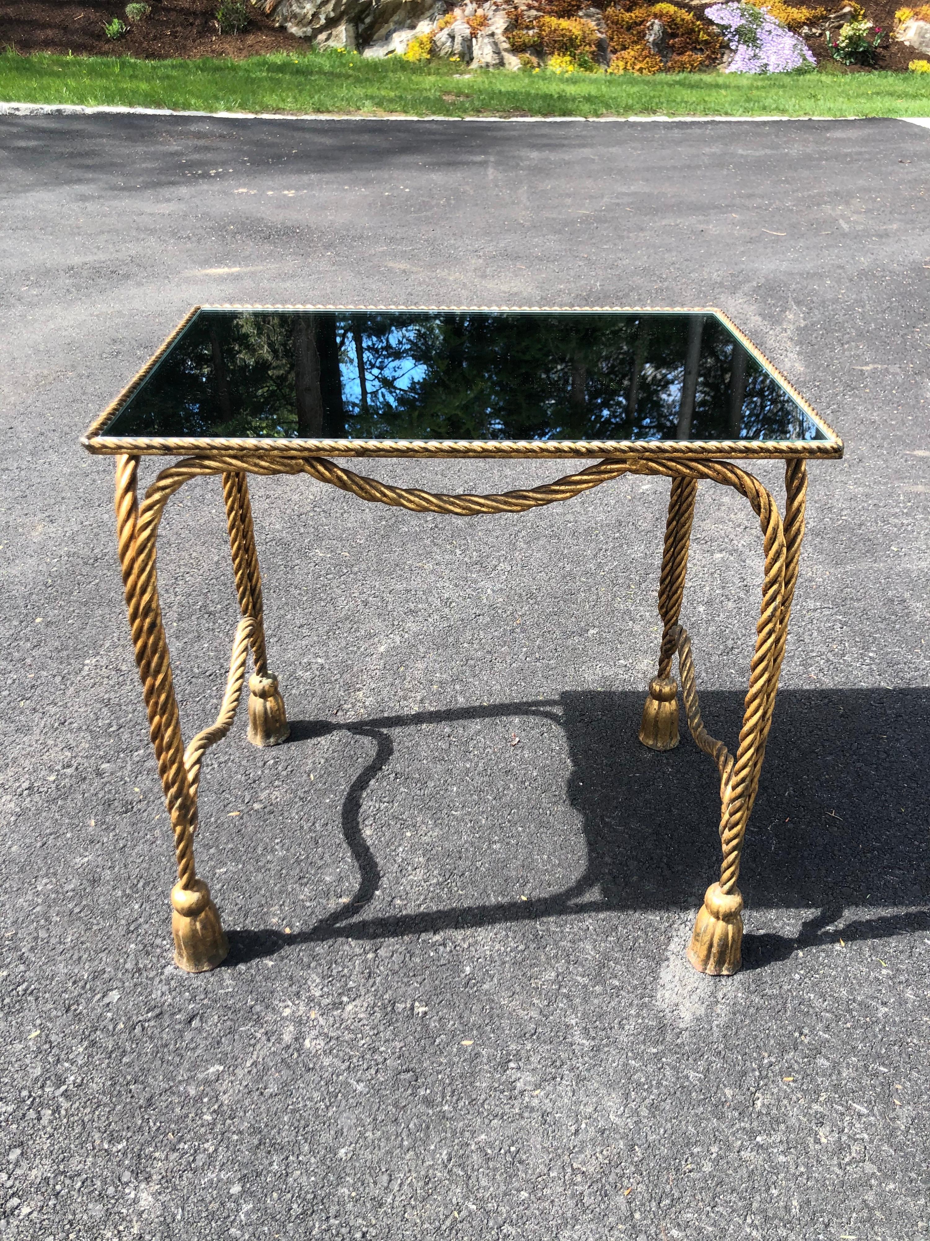 Hollywood Regency Italian Gilt Rope Design Table with Mirror Top