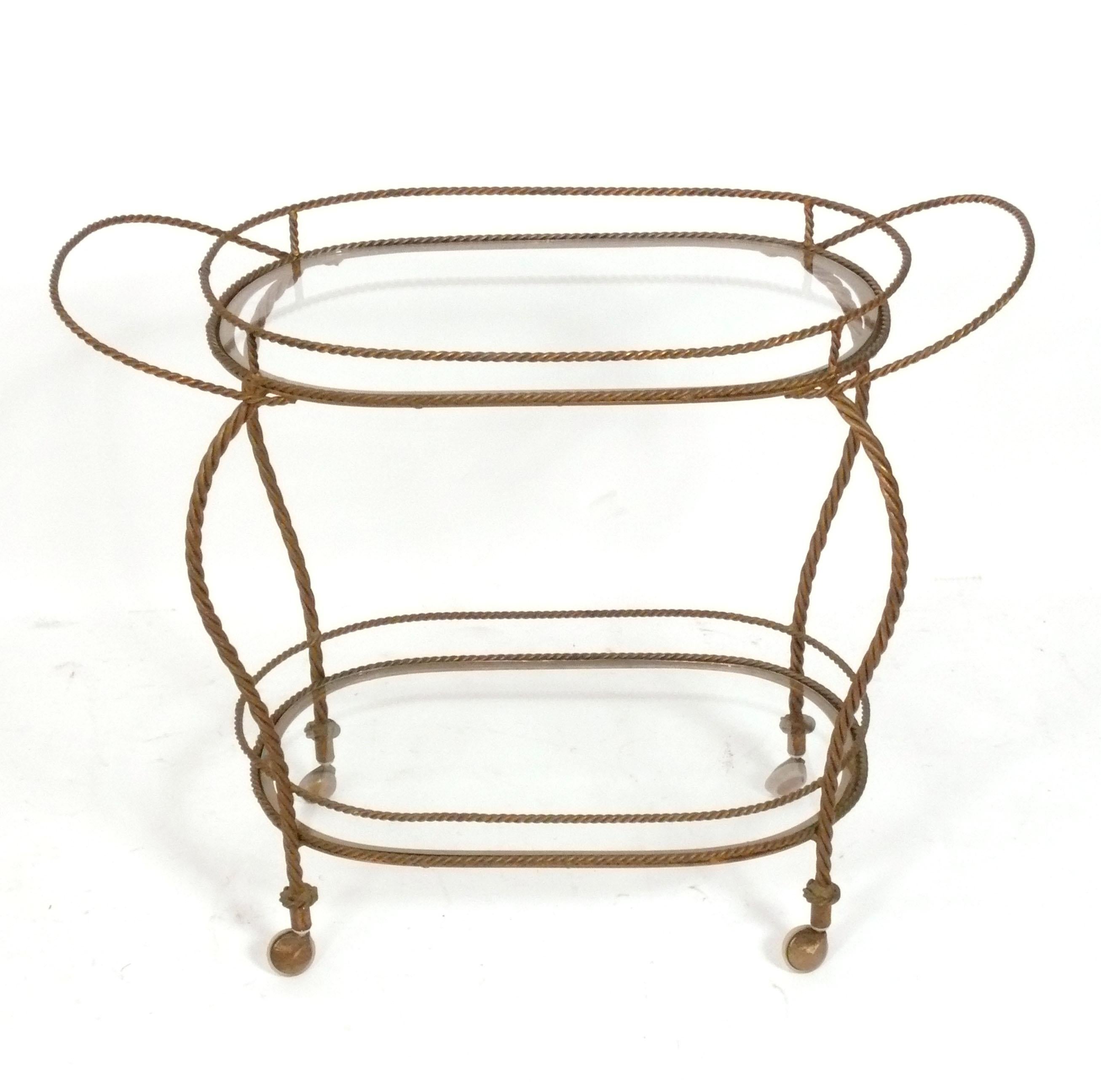 Hollywood Regency Italian Gilt Rope Form Bar Cart For Sale