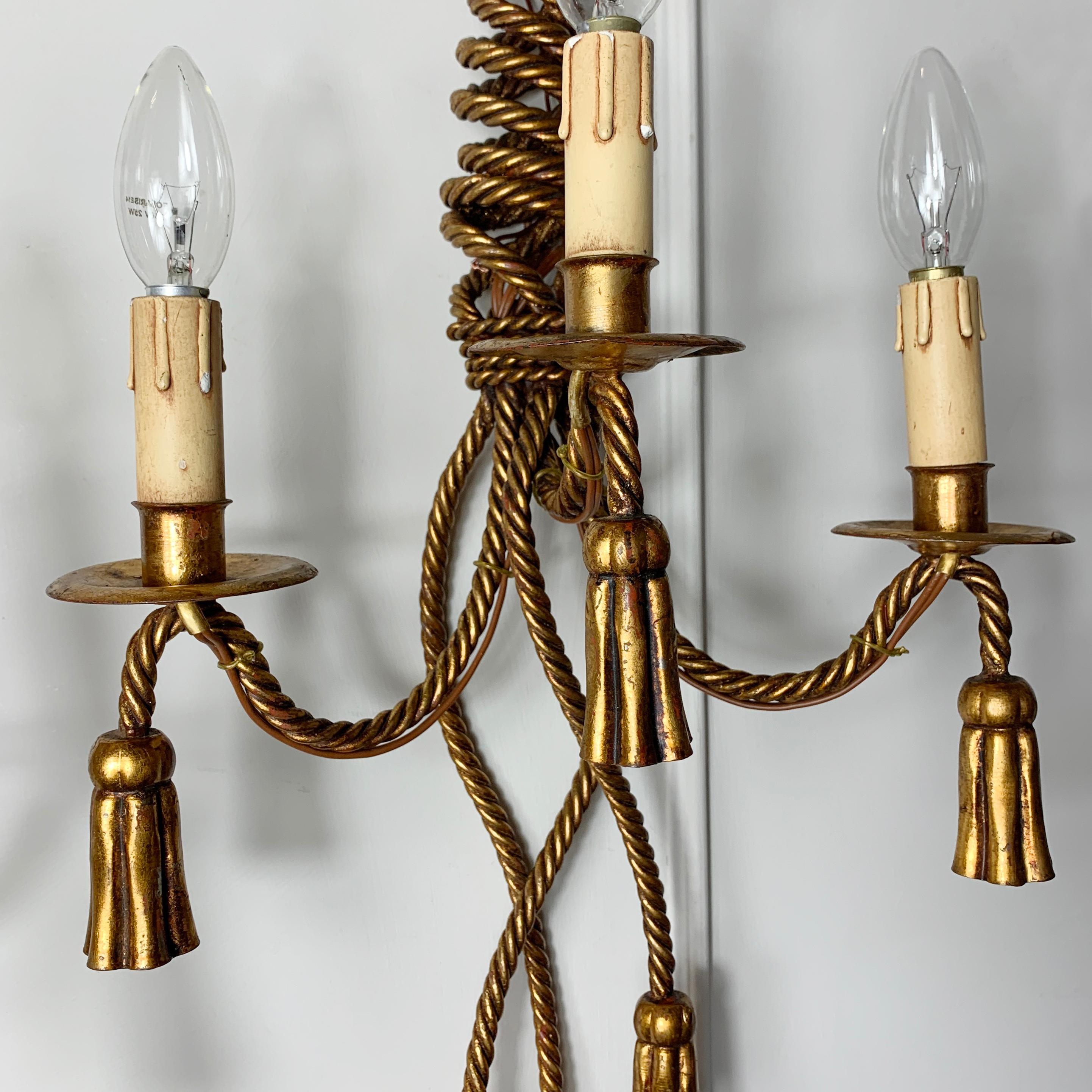 Mid-Century Modern Italian Gilt Rope and Tassel Wall Lights, circa 1950s