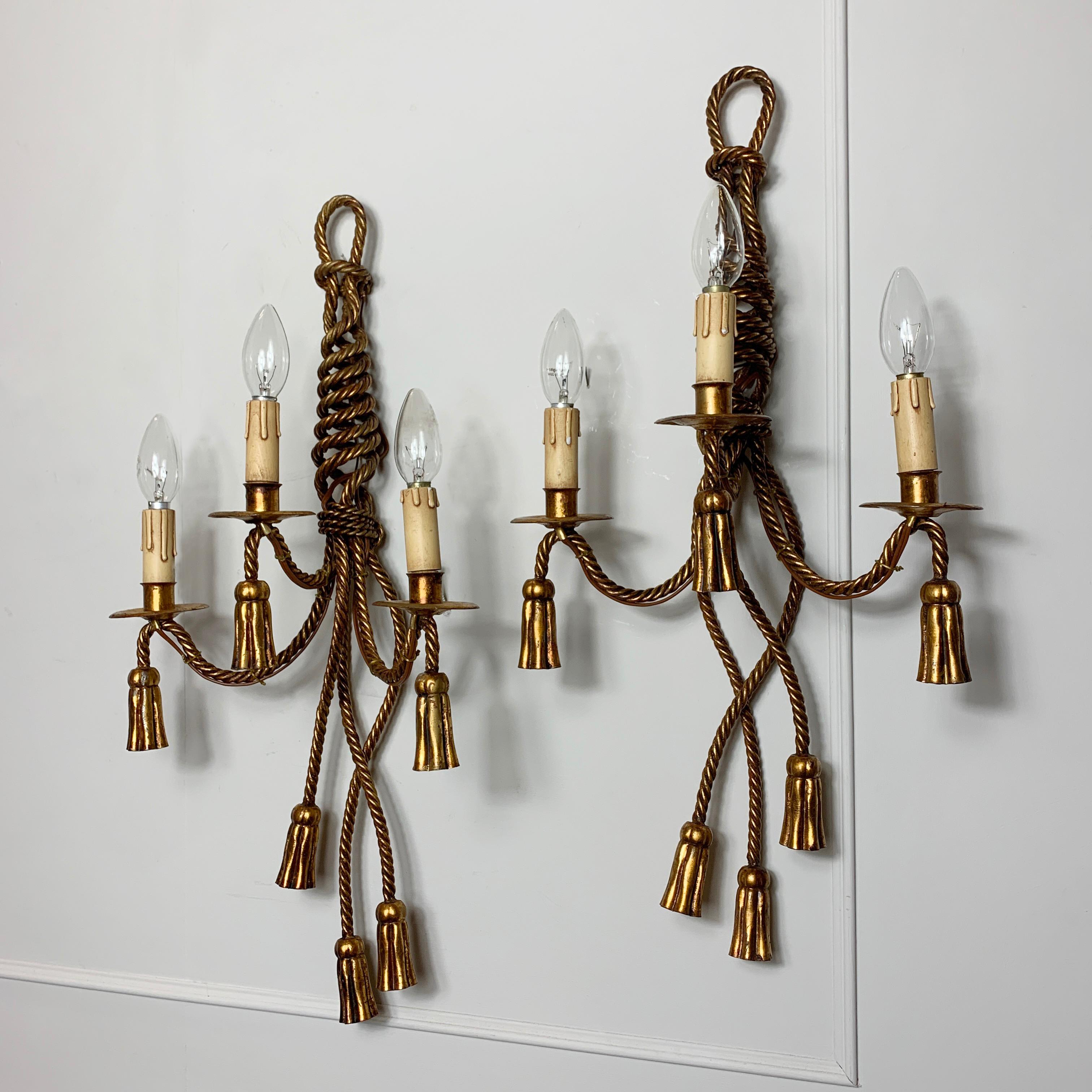 Italian Gilt Rope and Tassel Wall Lights, circa 1950s In Good Condition In Hastings, GB
