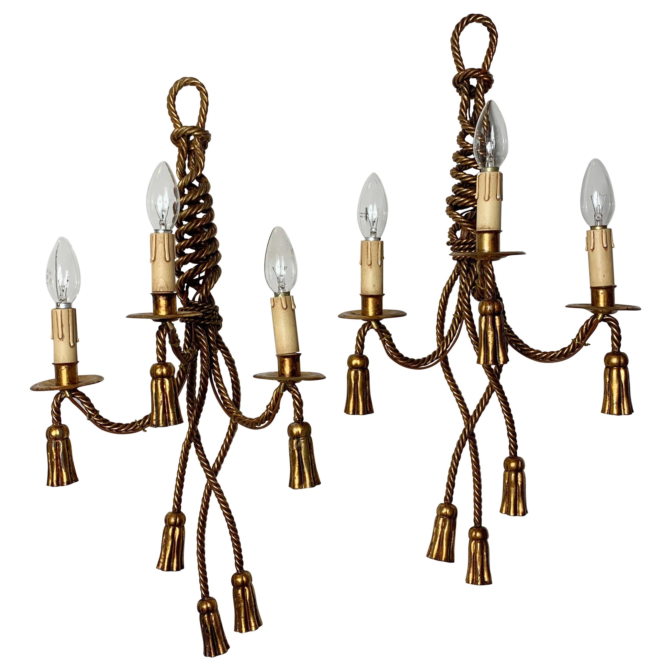 Italian Gilt Rope and Tassel Wall Lights, circa 1950s