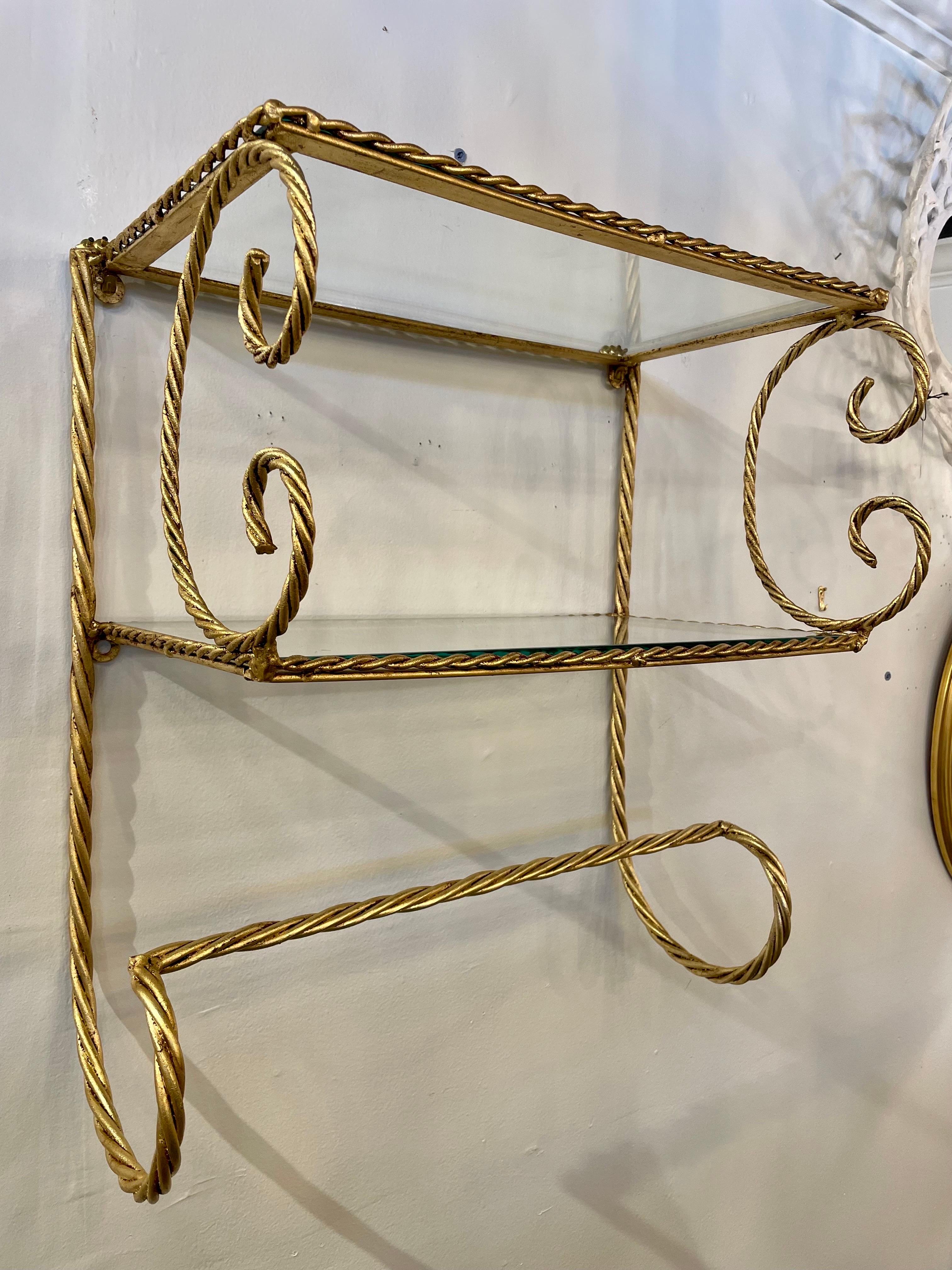Italian Gilt Rope Two-Tier Wall Shelf Towel Bar with new glass shelves. Scrolled sides. Perfect for bathroom, has towel bar below shelves. Very sturdy and stylish