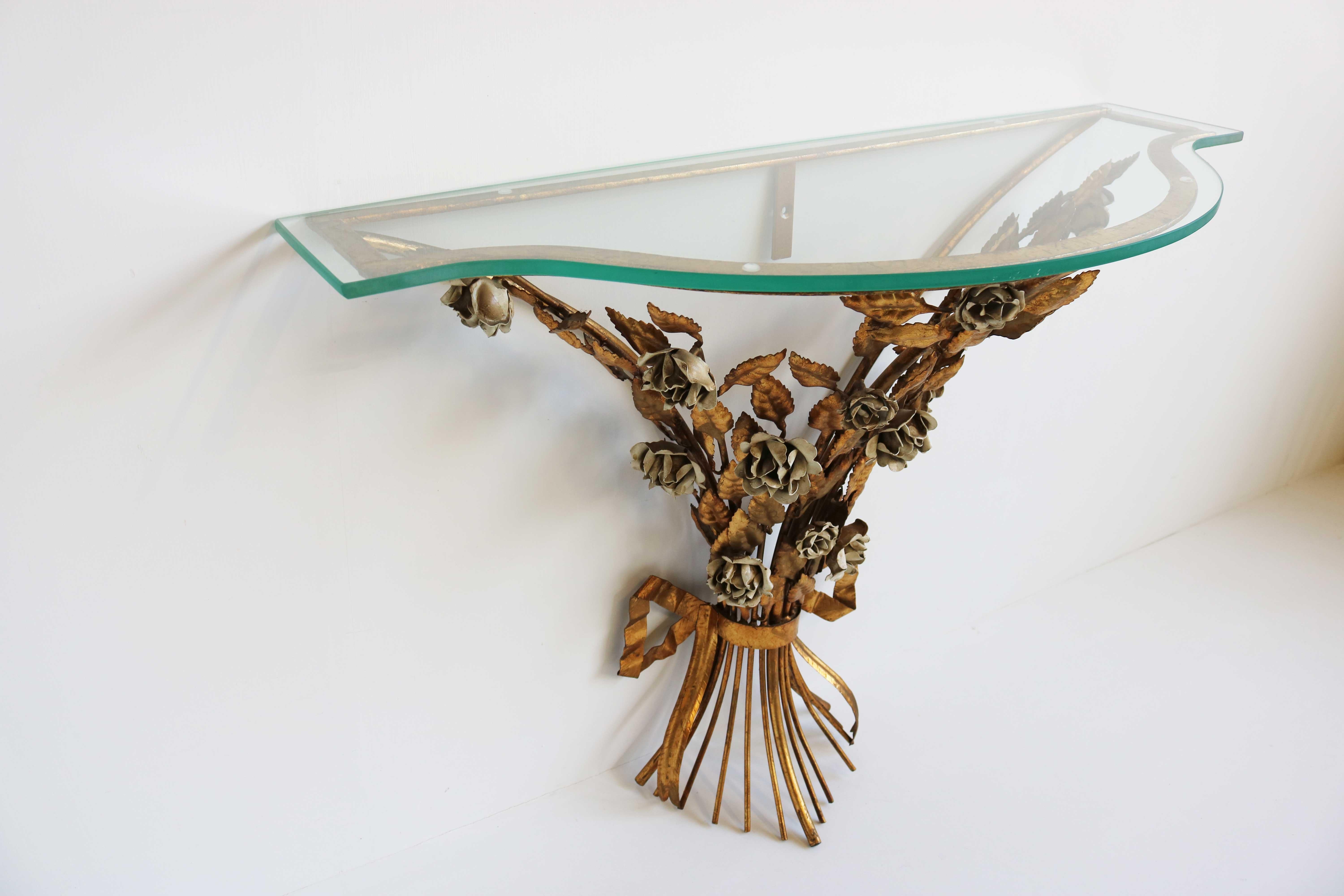Mid-20th Century Italian Gilt ‘Rose’ Flower Console Table Hollywood Regency Wall Table Glass Top For Sale