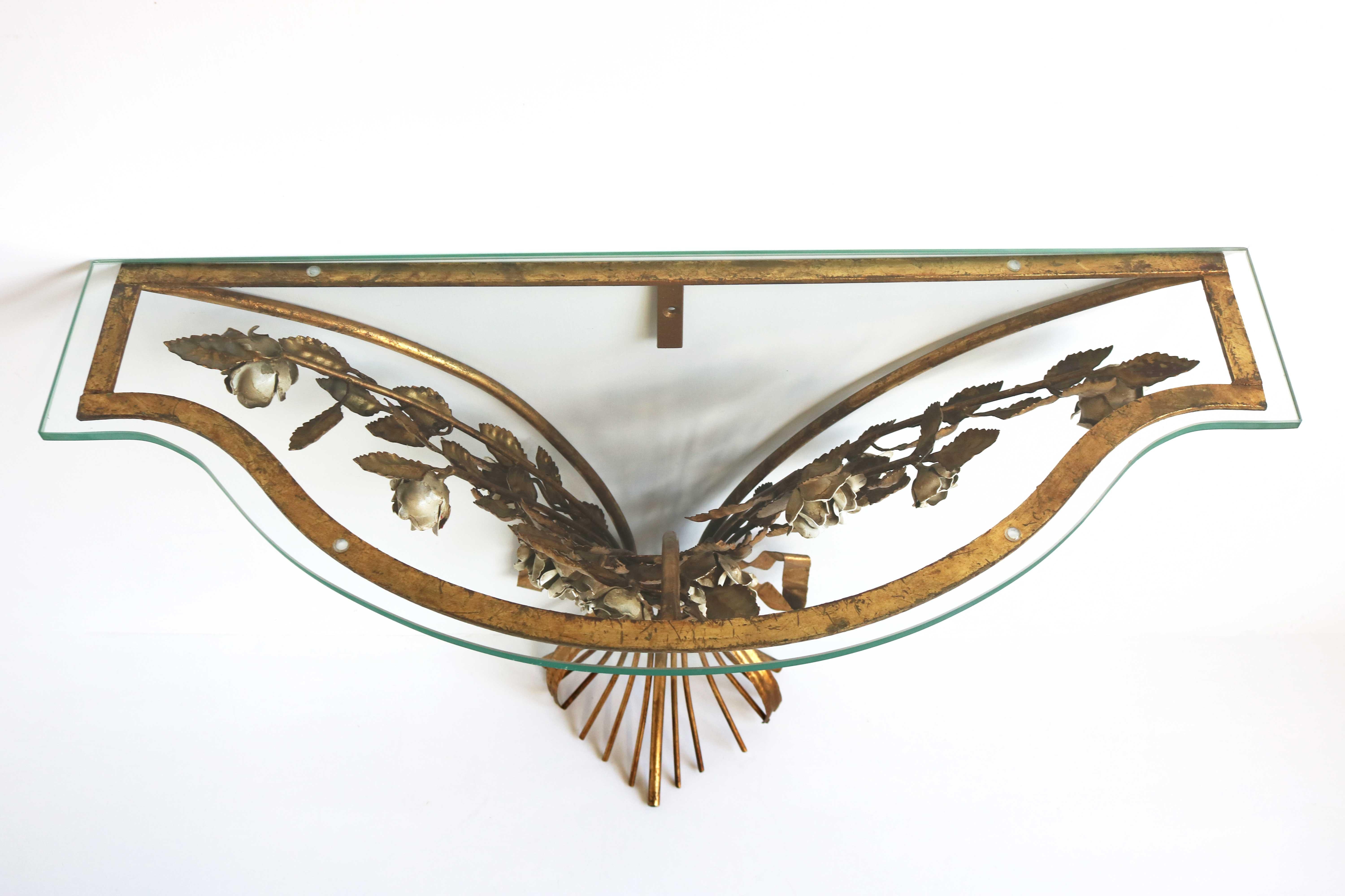 Italian Gilt ‘Rose’ Flower Console Table Hollywood Regency Wall Table Glass Top For Sale 2