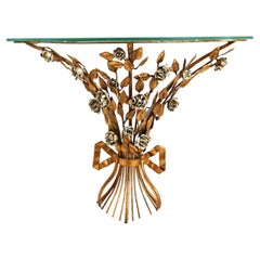 Italian Gilt ‘Rose’ Flower Console Table Hollywood Regency Wall Table Glass Top
