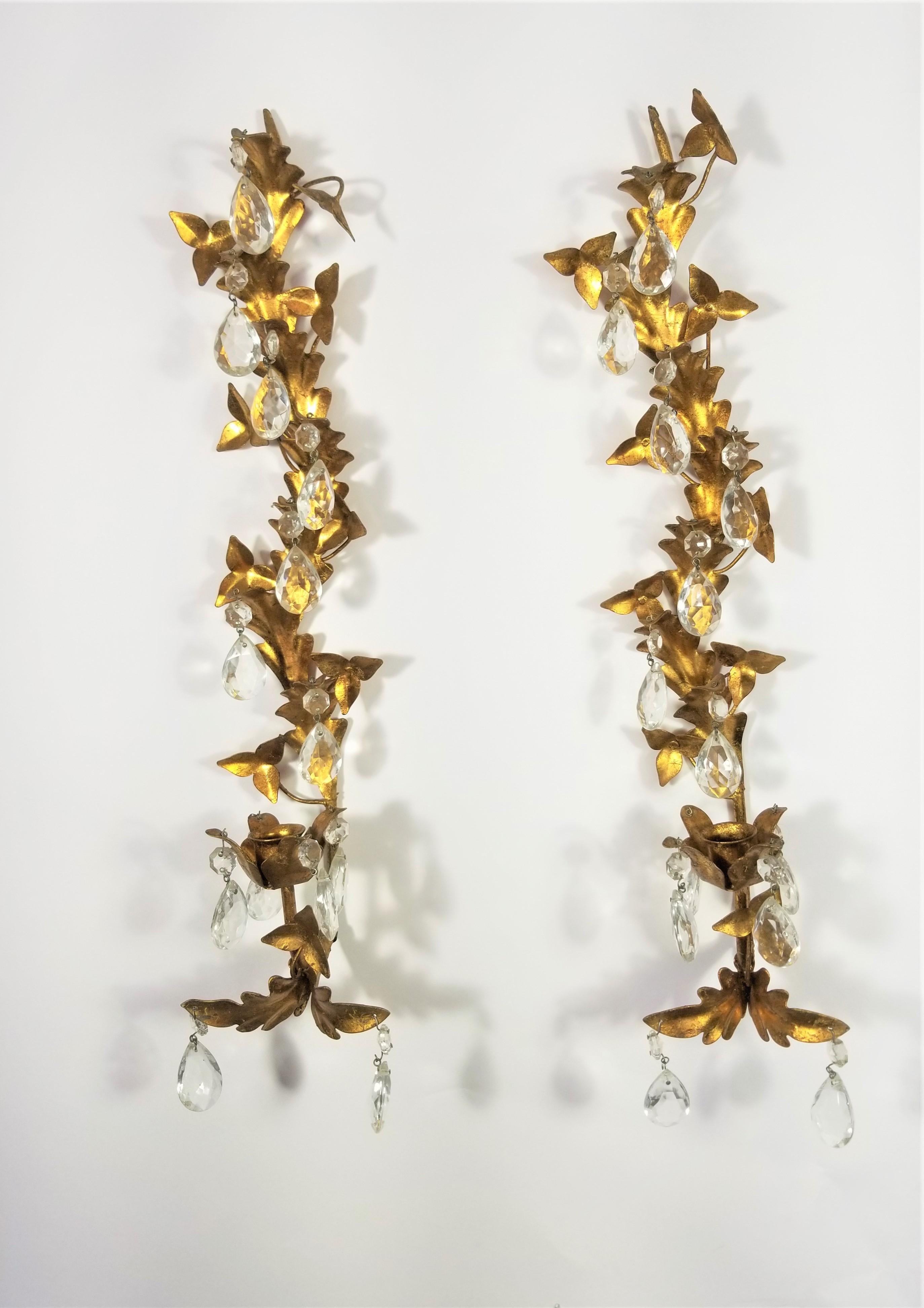 Italian Gilt Sconces with Crystals and Candleholders Made in Italy For Sale 9
