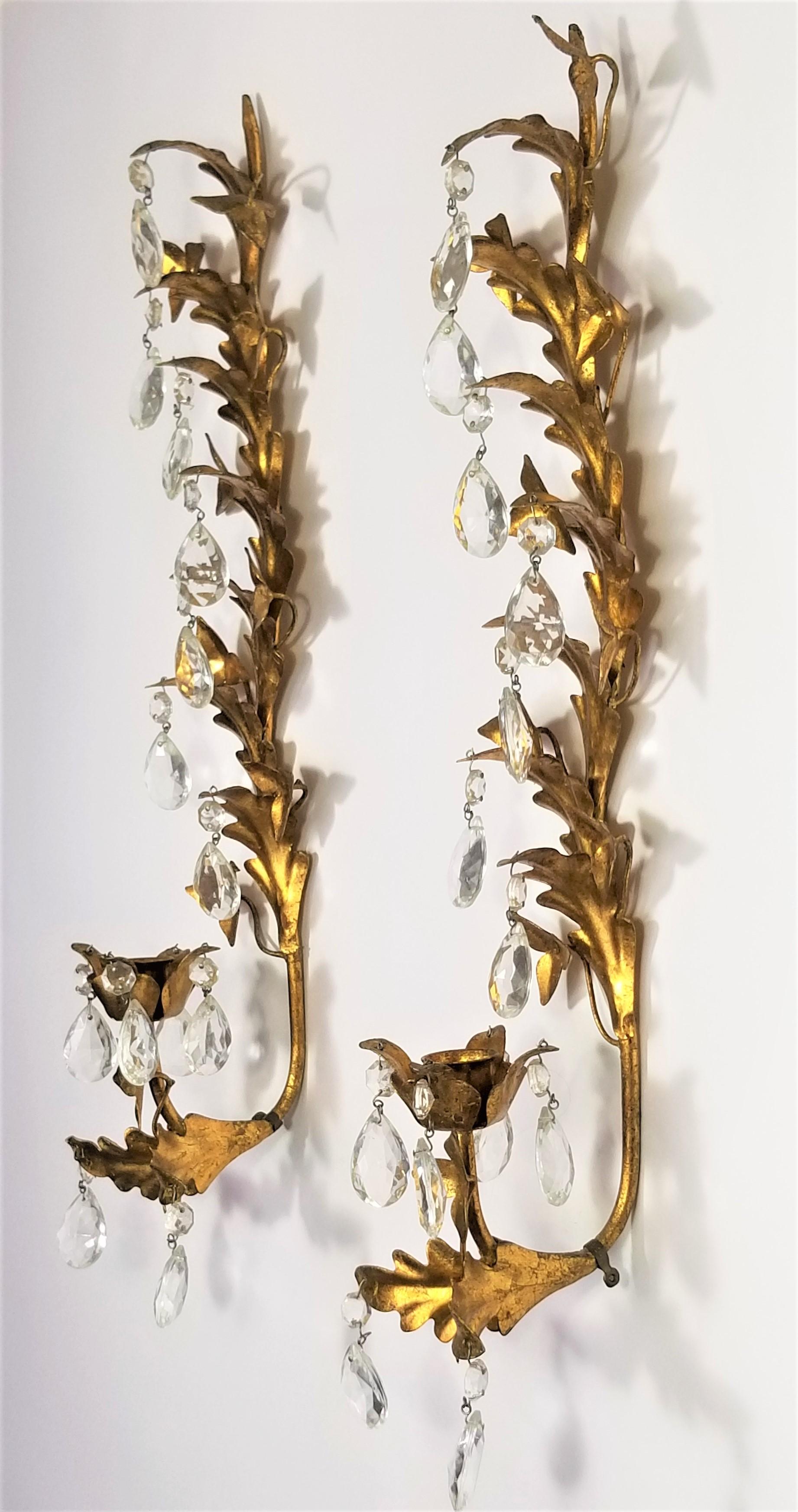 Italian Gilt Sconces with Crystals and Candleholders Made in Italy In Good Condition For Sale In New York, NY