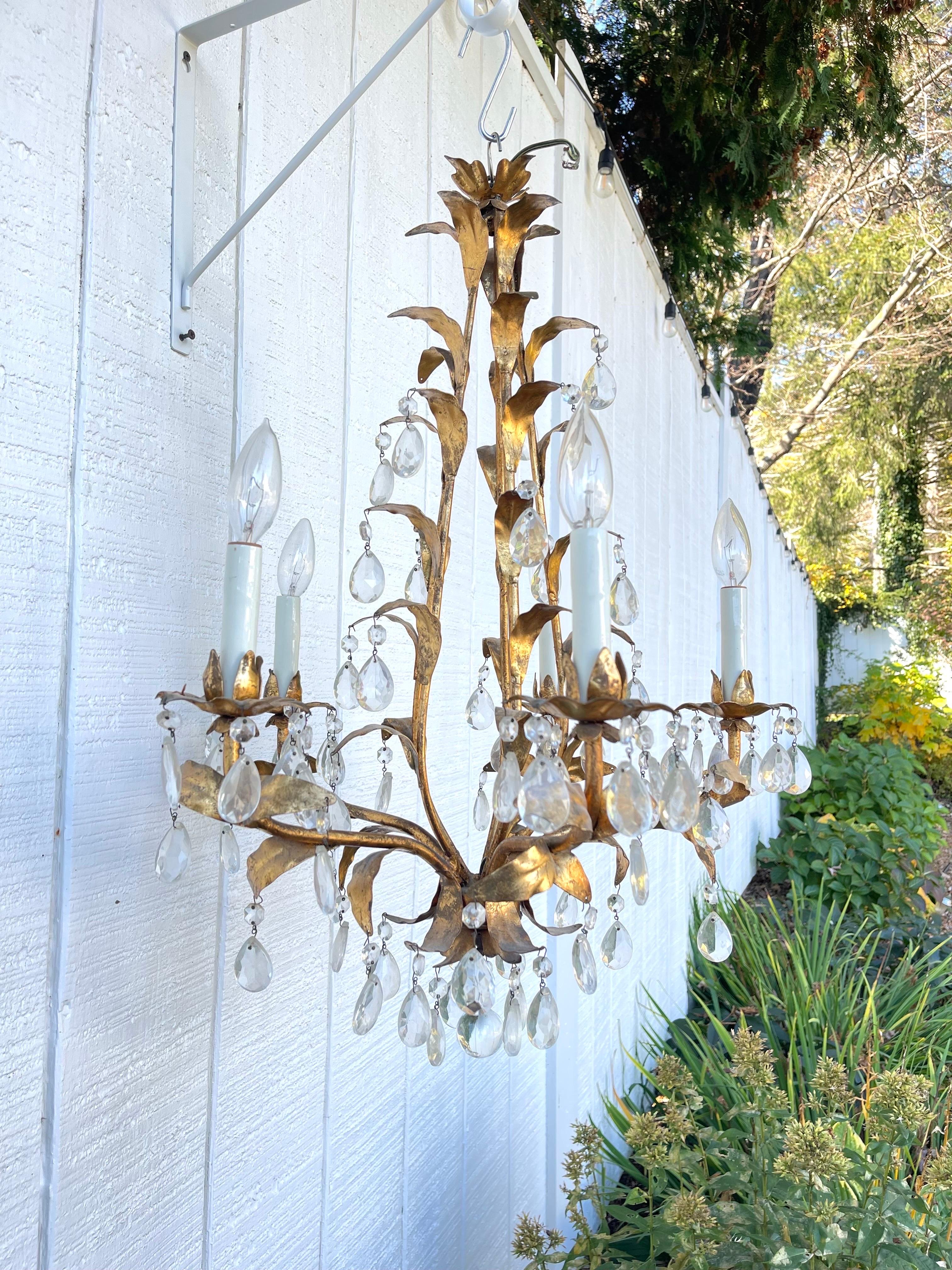 Italian Gilt Tole and Crystal Chandelier  In Good Condition For Sale In Redding, CT