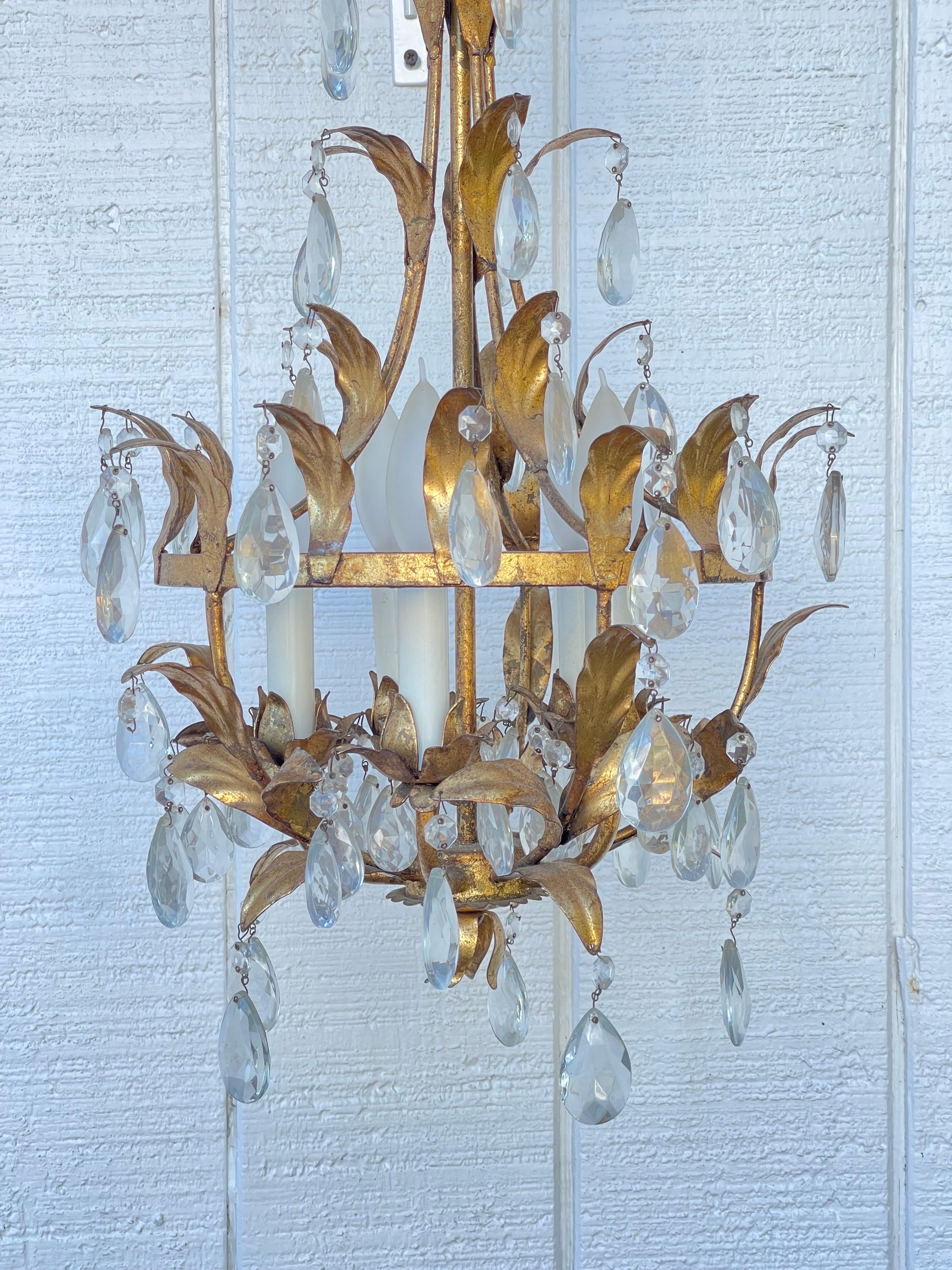 Italian Gilt Tole and Crystal Chandelier In Good Condition For Sale In Redding, CT