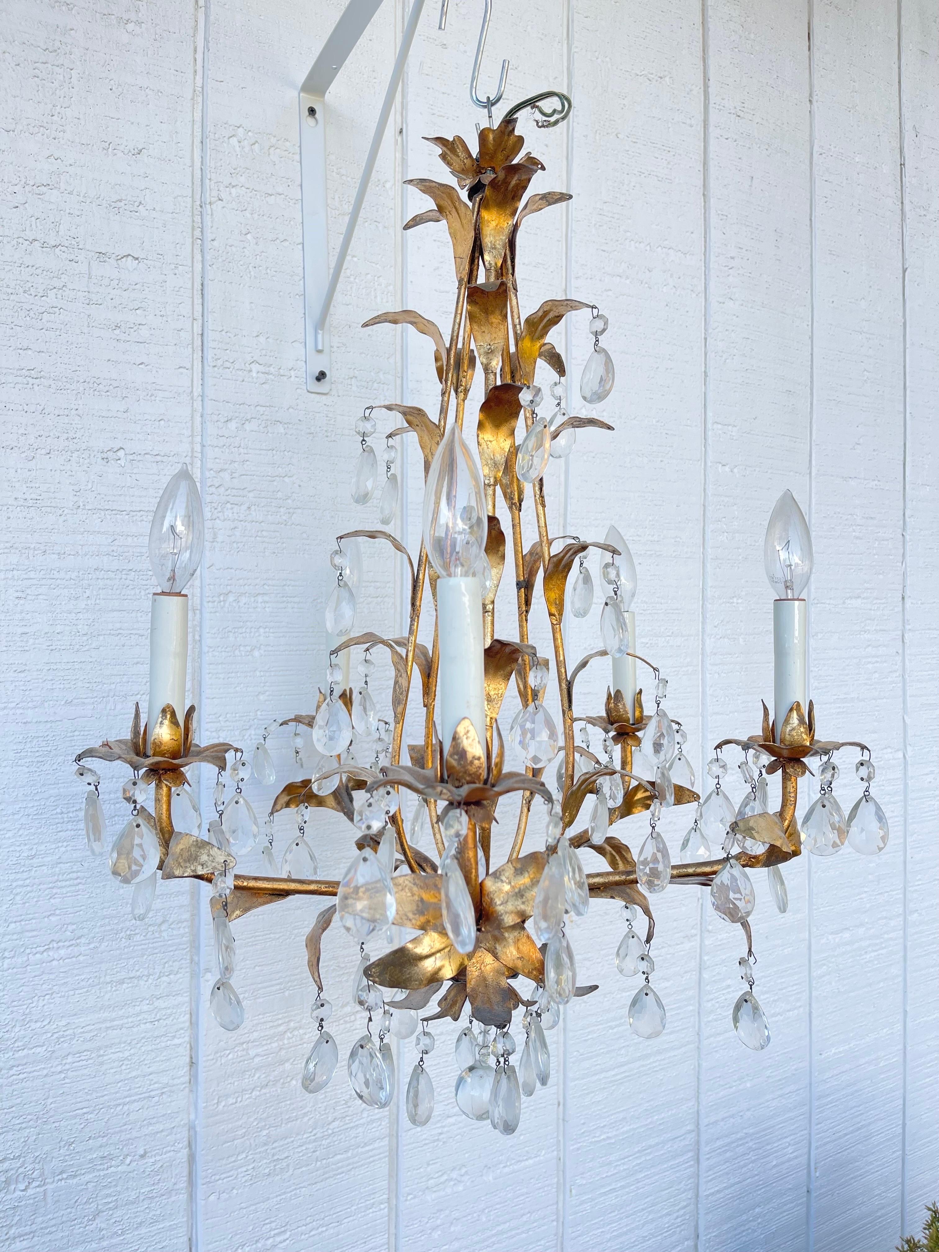 Mid-20th Century Italian Gilt Tole and Crystal Chandelier  For Sale