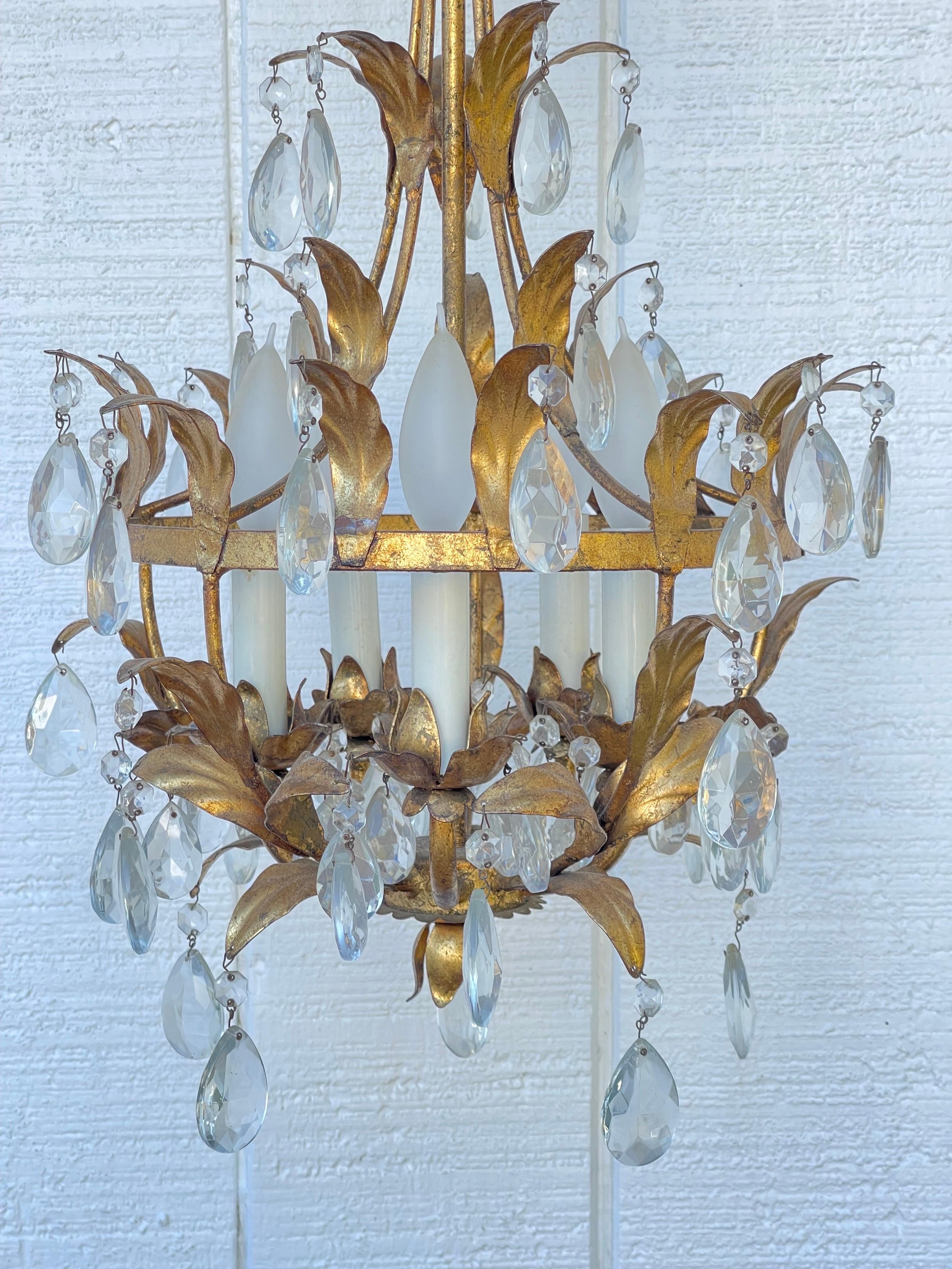 Mid-20th Century Italian Gilt Tole and Crystal Chandelier For Sale