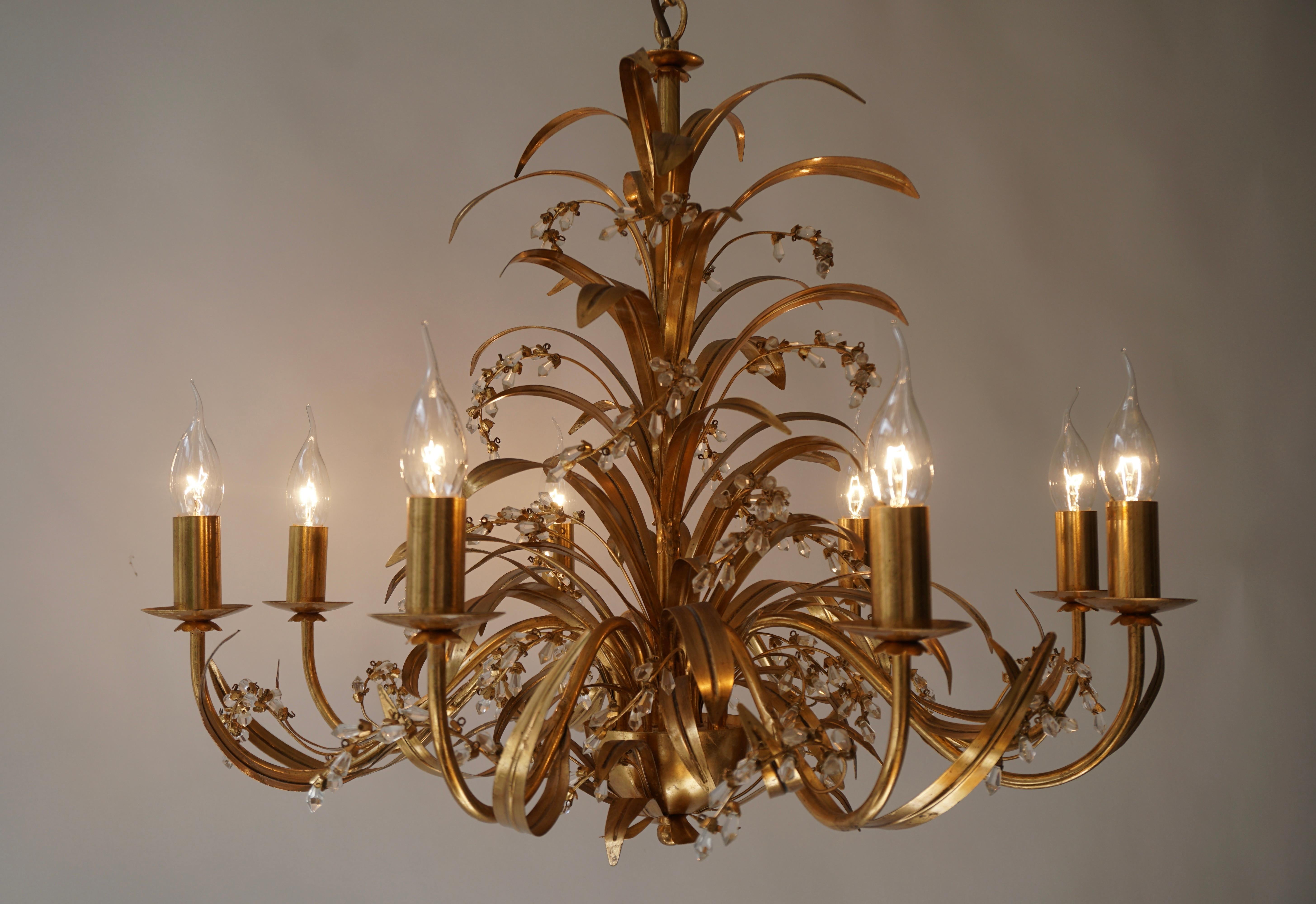 Italian Gilt Tole and Crystal Palm Frond Chandelier For Sale 6