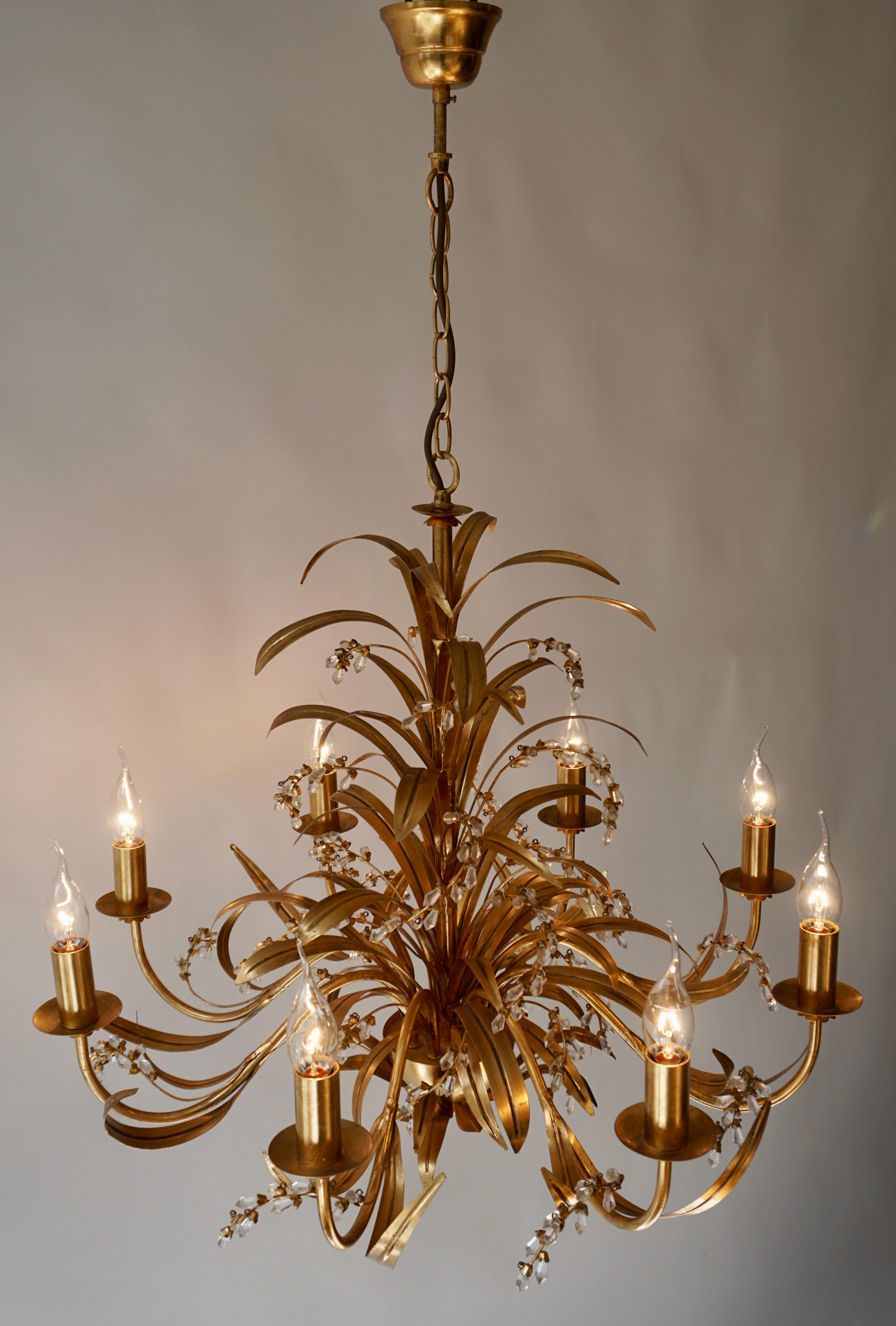 20th Century Italian Gilt Tole and Crystal Palm Frond Chandelier For Sale